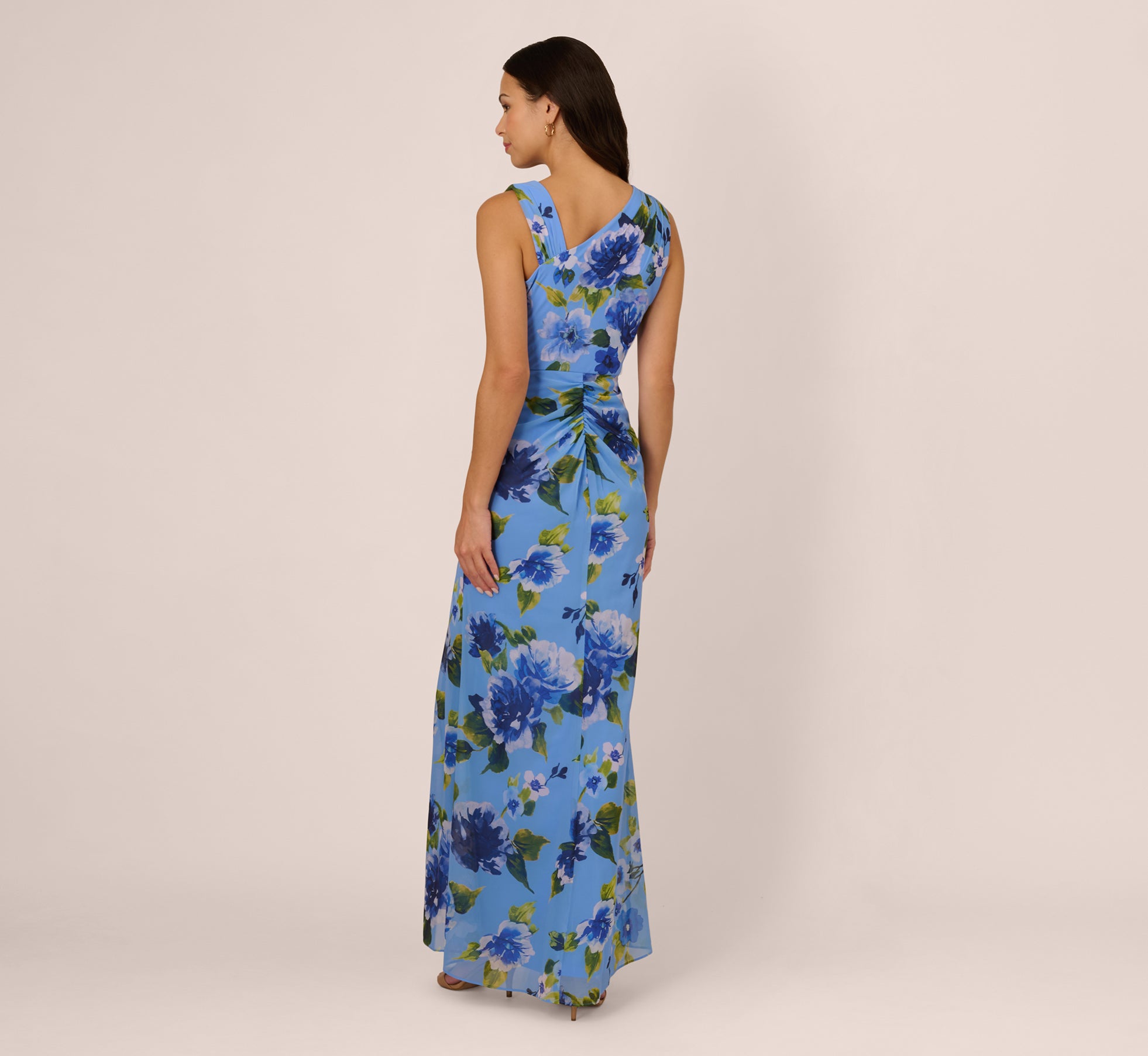 Asymmetrical Draped Floral Chiffon Gown In Blue Multi、mySite、solidvoid