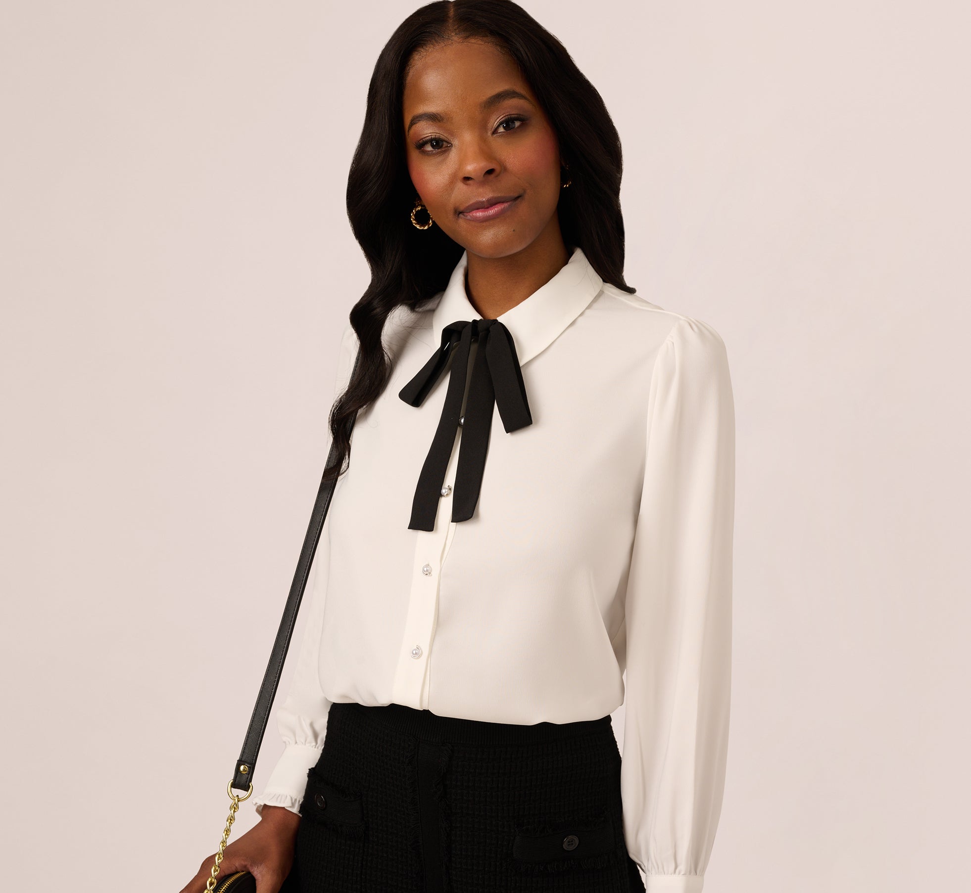 Long Sleeve Collared Tie Neck Blouse In Ivory Black、mySite、solidvoid