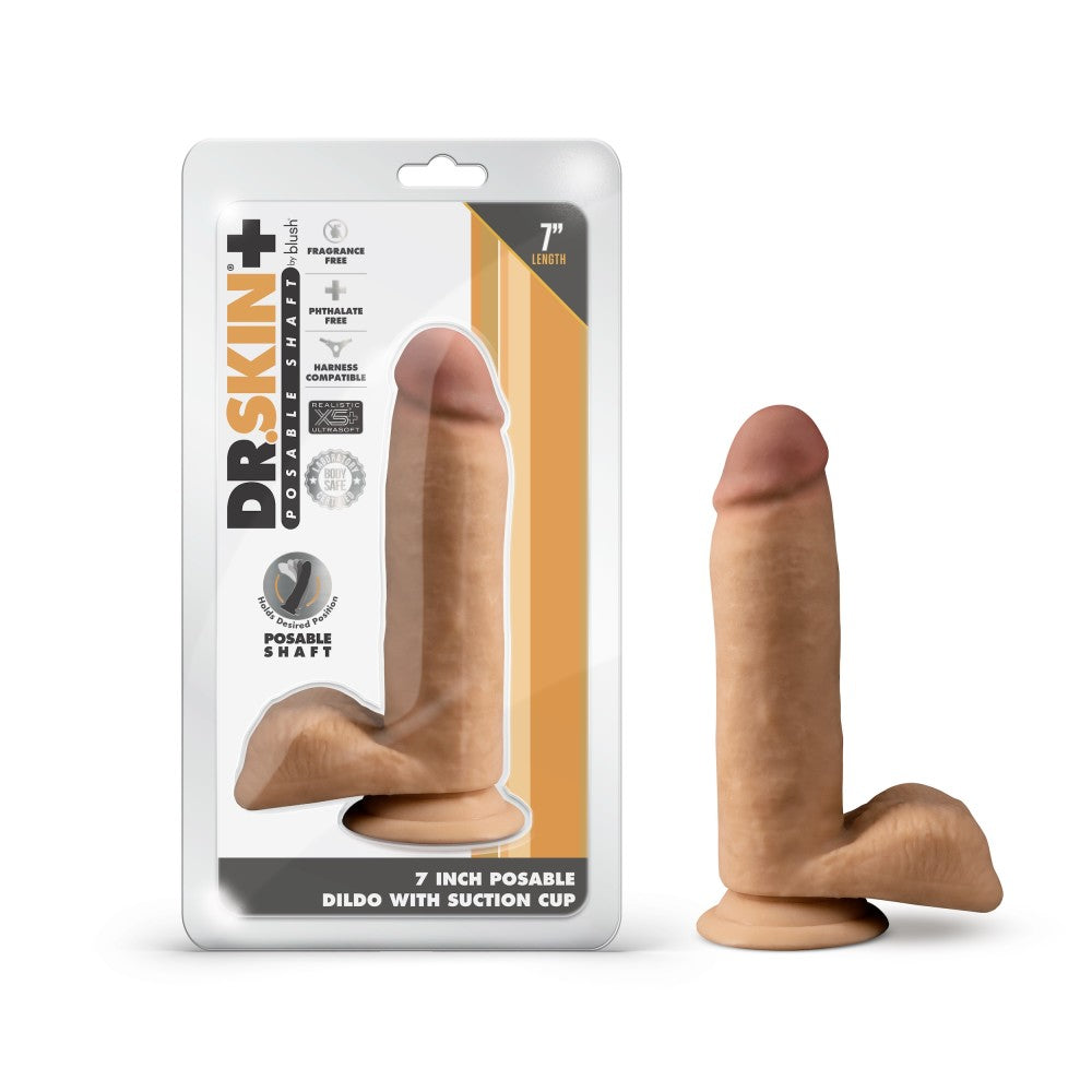 Dr. Skin Plus By Blush® | Realistic Mocha 7-Inch Long Soft Yet Erect & Posable Dildo With Balls & Suction Cup Base、mySite、bottomscart