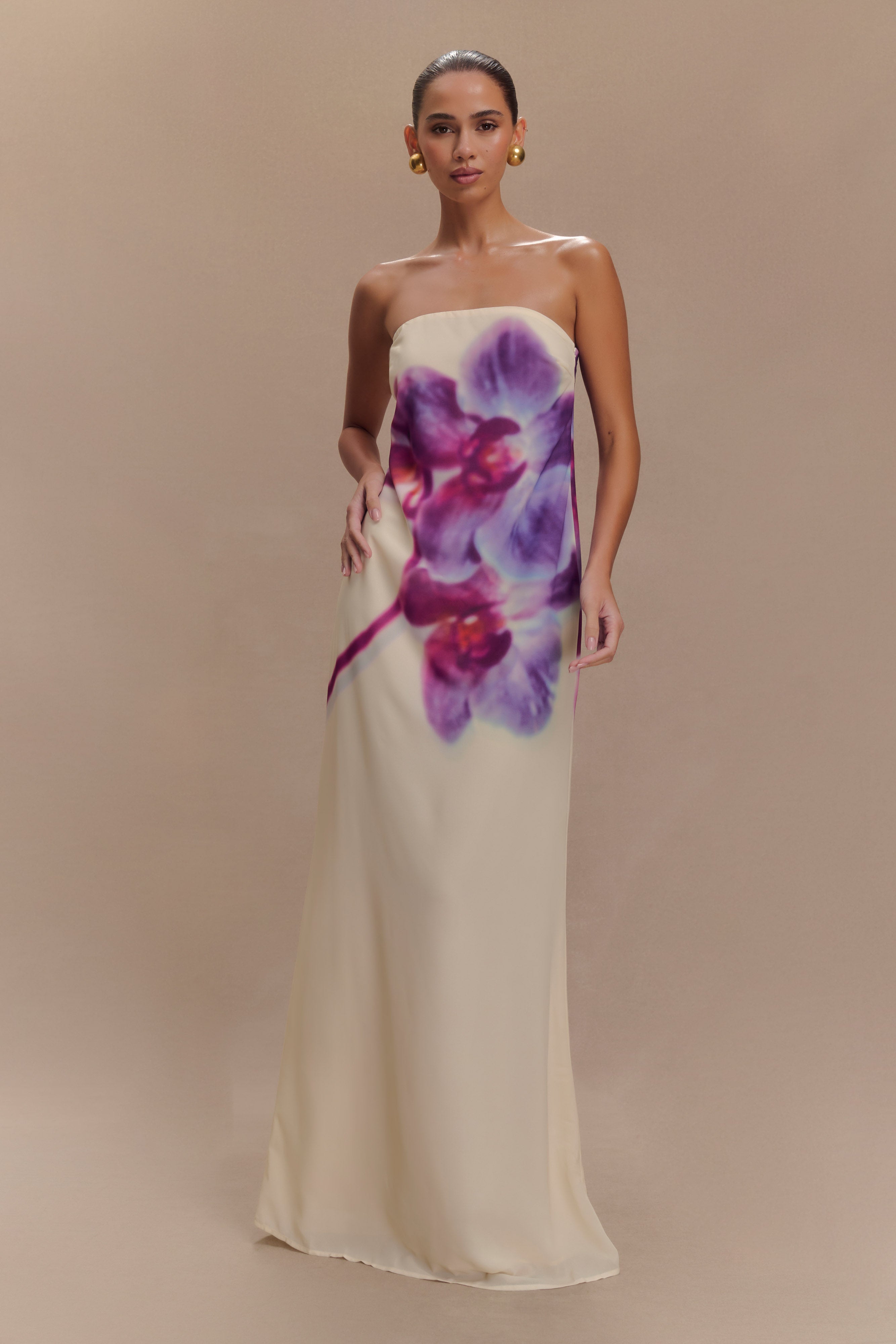 Amaya Strapless Chiffon Maxi Dress - Ivory Koi Orchid Print、mySite、solidvoid