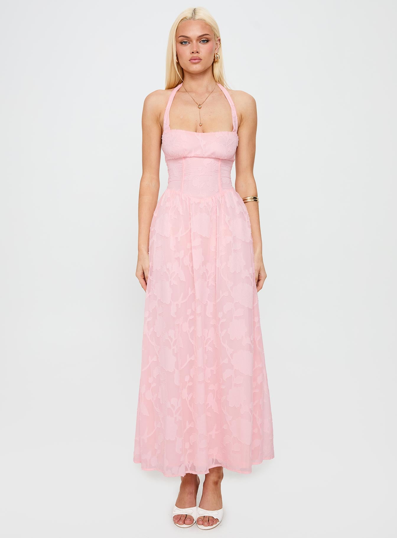 Fransiska Burnout Halter Maxi Dress Pink、mySite、solidvoid