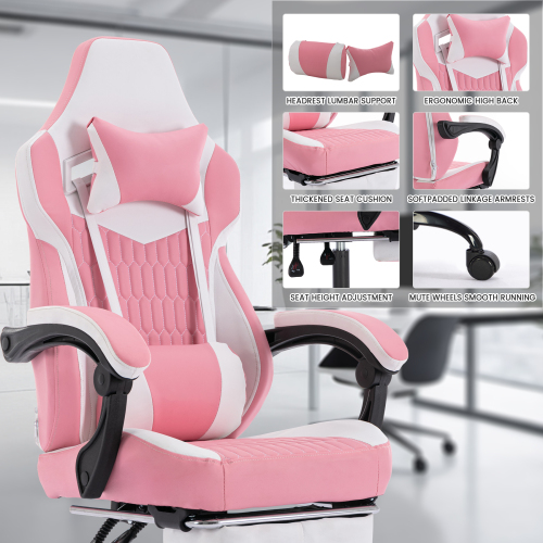 Gaming Chair with Footrest, High Back Gaming Chairs PVC Leather Ergonomic Office Gamer Chair Headrest Lumbar Support Racing Style Video Gaming Chair (Black White)、、casual