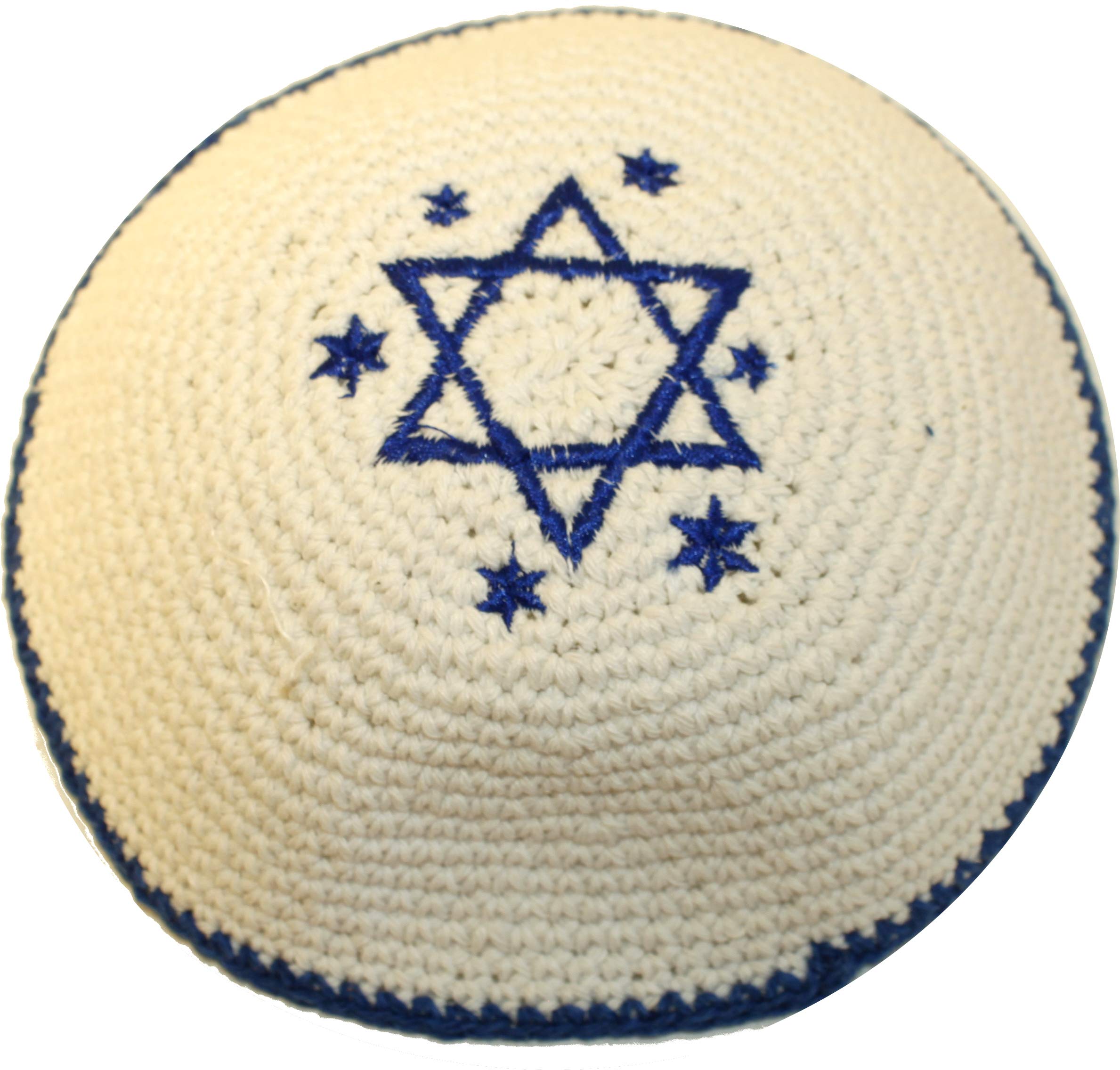 Holy Land Market White with Blue Star of David 17cm DMC 100% Knitted Cotton Kippah Jewish、mySite、topwebapps