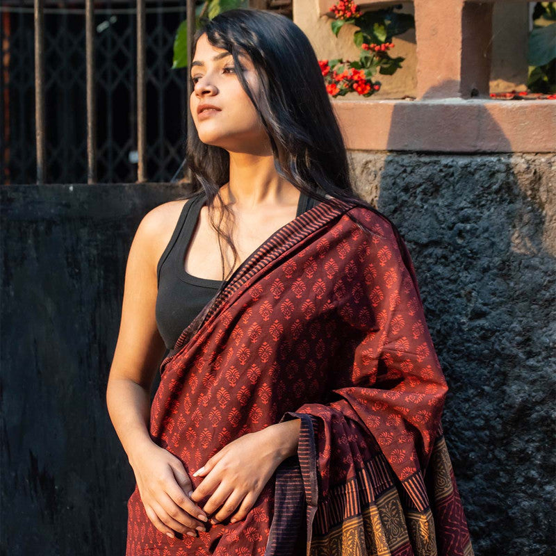 Festive Wear | Bagru Printed Chanderi Maroon Saree、mySite、camillekostekn