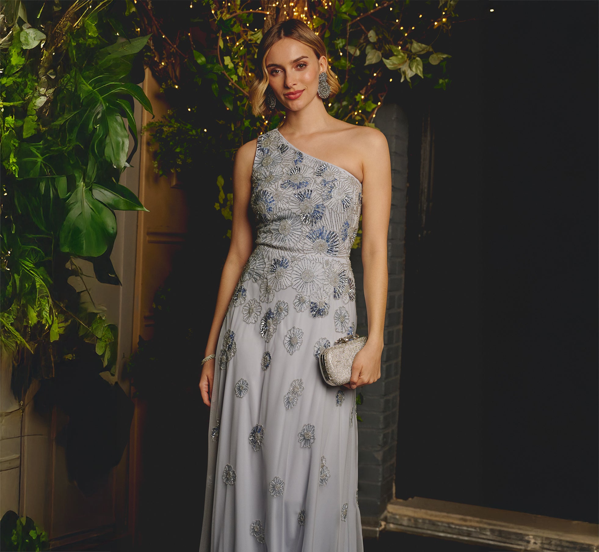 One Shoulder Beaded Mesh Gown In Serenity、mySite、solidvoid