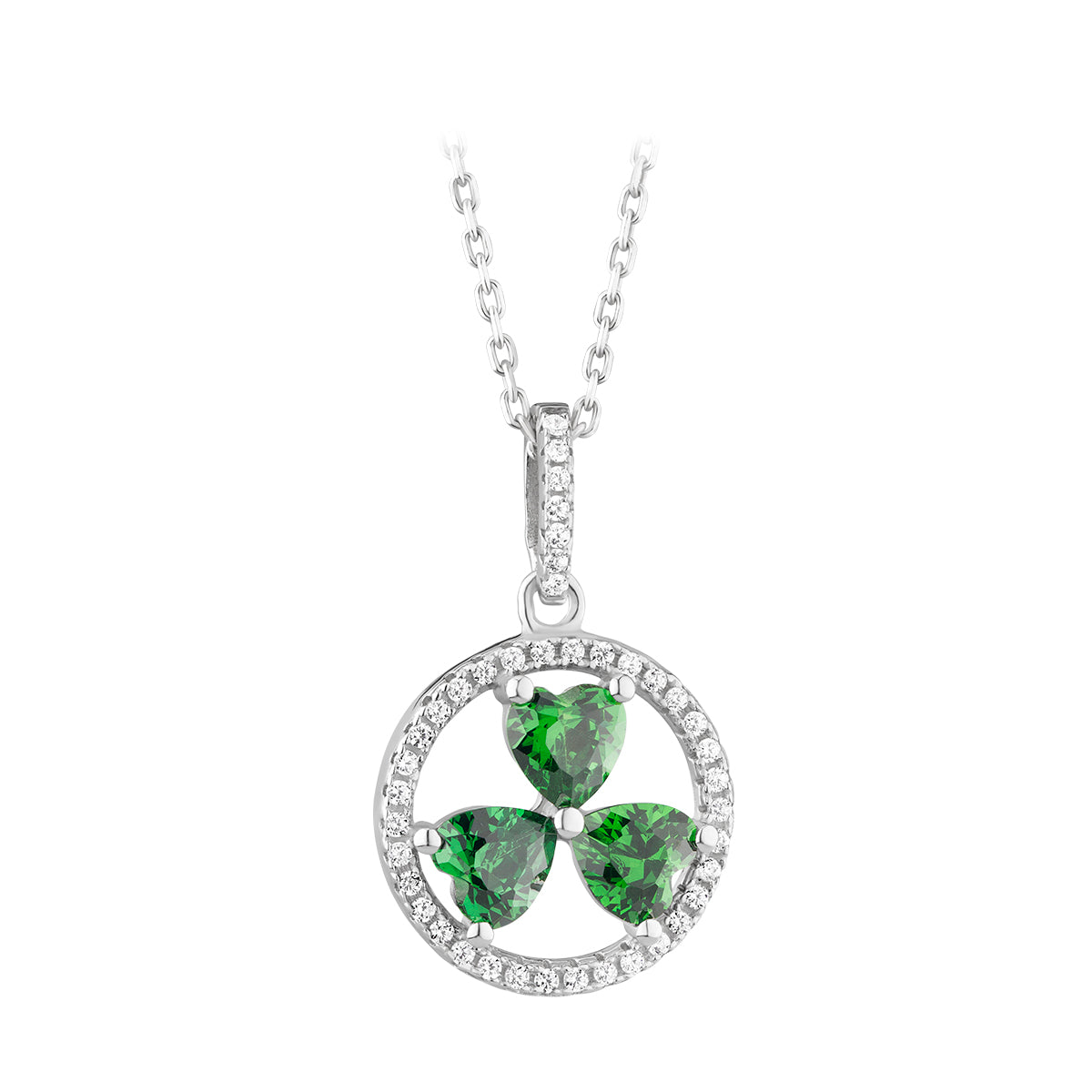  Green Cubic Zirconia Silver Shamrock Circle Necklace