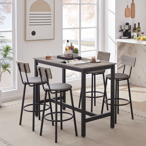Bar Table Set with 4 Bar stools PU Soft seat with backrest, Grey, 47.24'' L x 23.62'' W x 35.43'' H、、casual