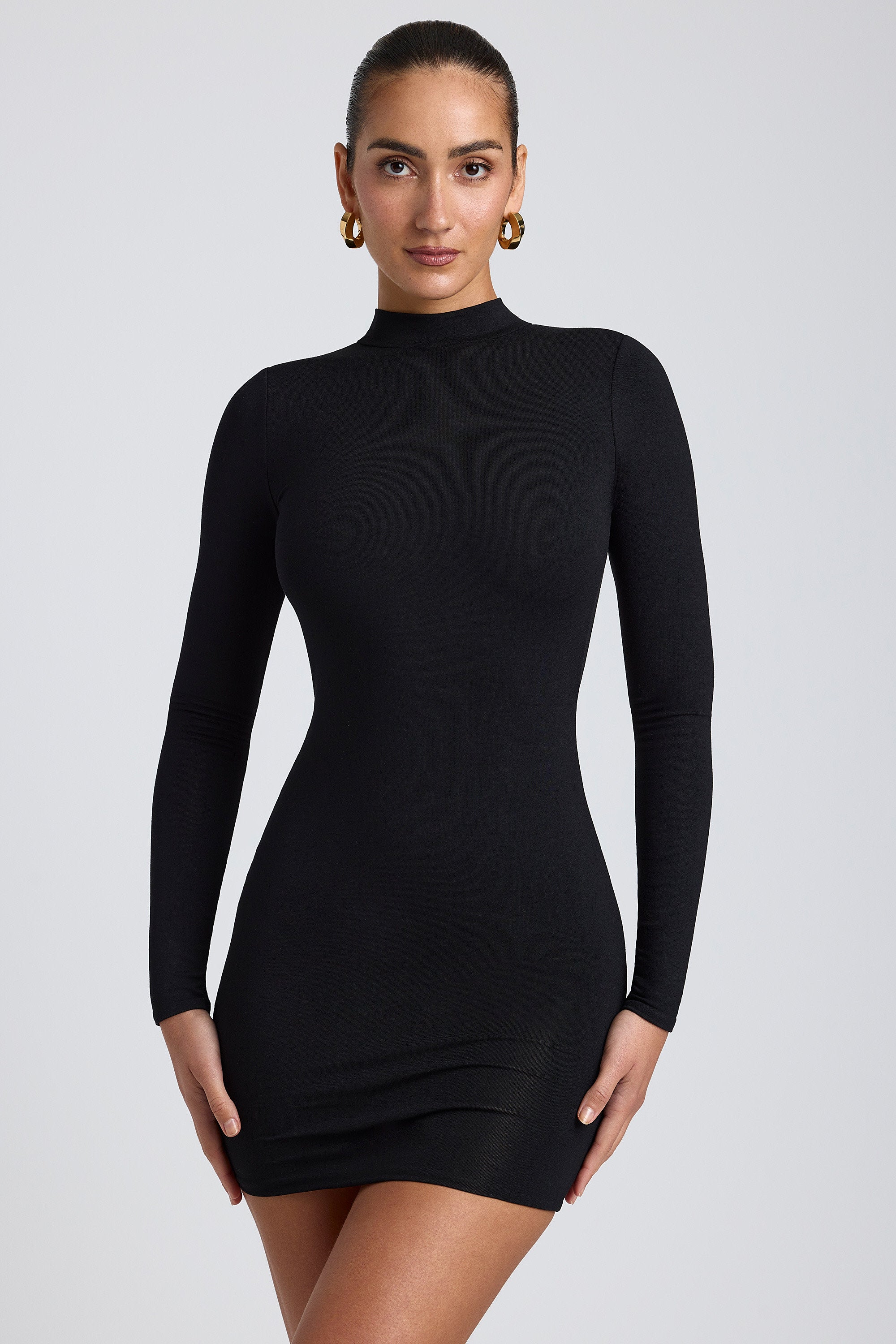 Modal Open-Back Long-Sleeve Mini Dress in Black、mySite、solidvoid