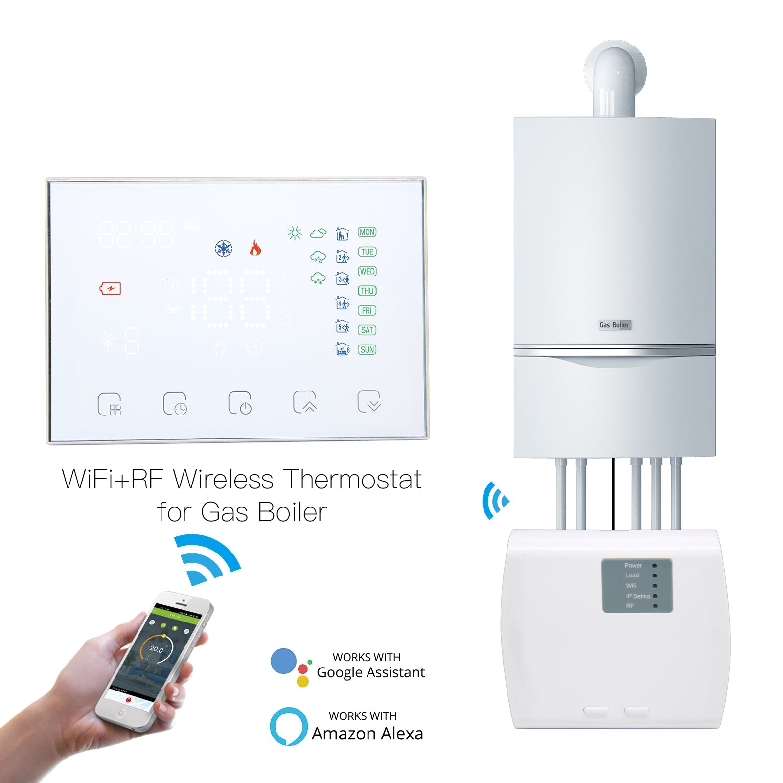 WiFi RF Programmable Thermostat Smart Wall-hung Temperature Controller Wireless RF Receiver for Water/ Electric/ Gas Boiler Floor Heating、mySite、fannypackpong