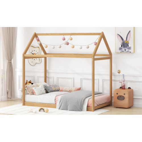 Twin Size Wooden House Bed, White、、casual