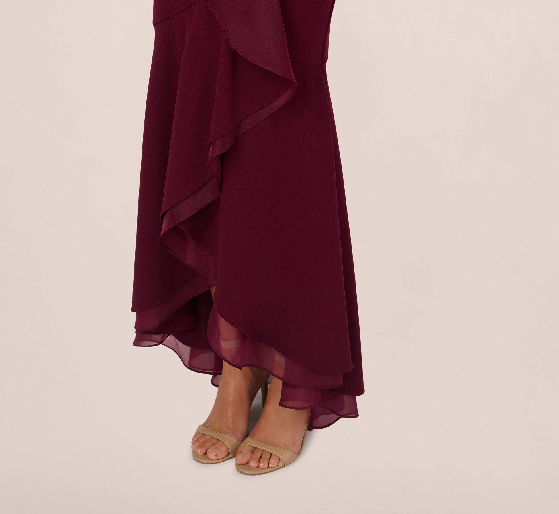 High Low Crepe Halter Gown With Organza Draping In Cabernet、mySite、solidvoid