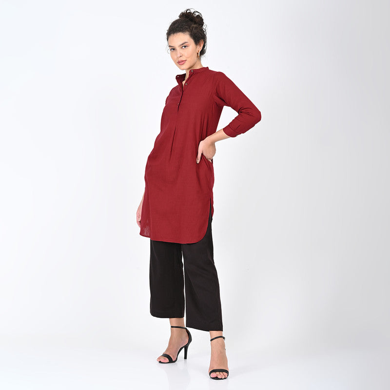 Cotton Solid Co Ord Set For Women | Tunic & Trouser | Mandarin Neck | Maroon & Coffee Brown、mySite、camillekostekn