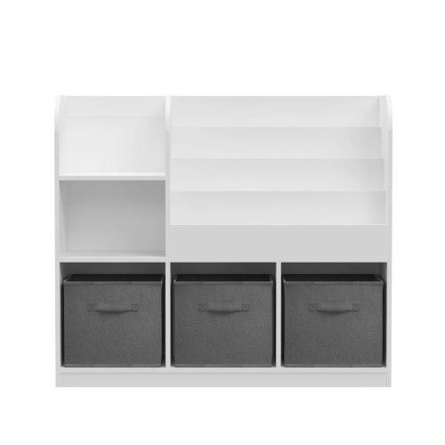 Kids Bookcase and Bookshelf, Multifunctional Bookcase with 3 Collapsible Fabric Drawers, Bookcase Display Stand, Toy Storage Organizer for Bedroom, Playroom, Hallway (White/Gray)、、casual