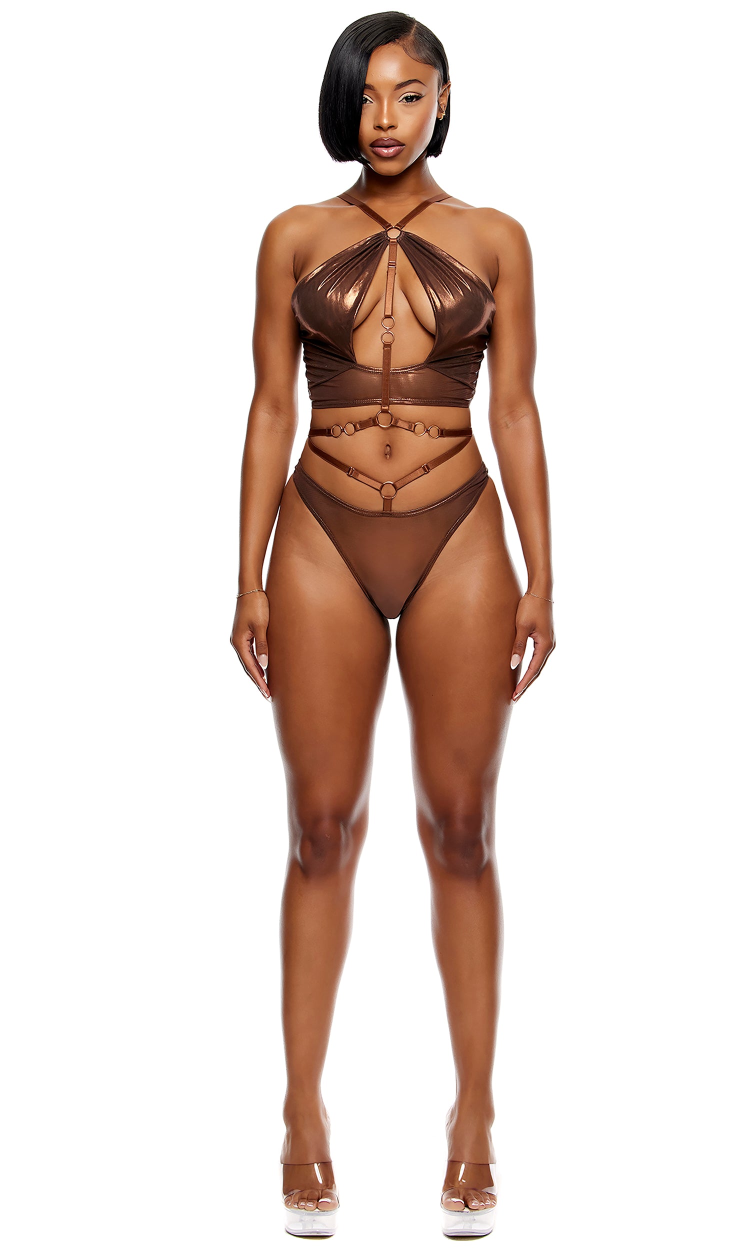 Liquid Metal Metallic Mesh Halterneck Bra Lingerie Set - Copper、mySite、bengalsvssteelers