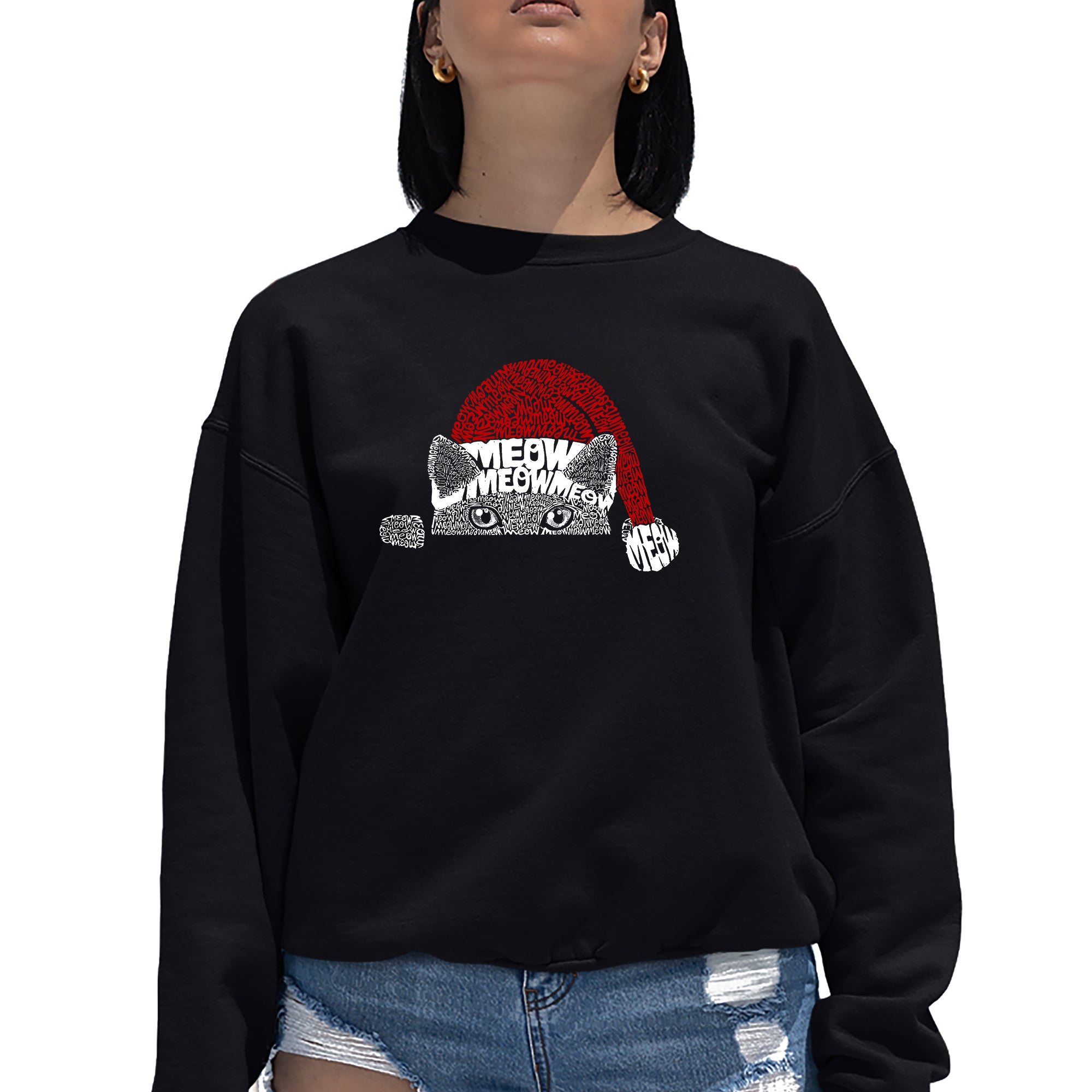 Christmas Peeking Cat - Women's Word Art Crewneck Sweatshirt、mySite、camillekostekn