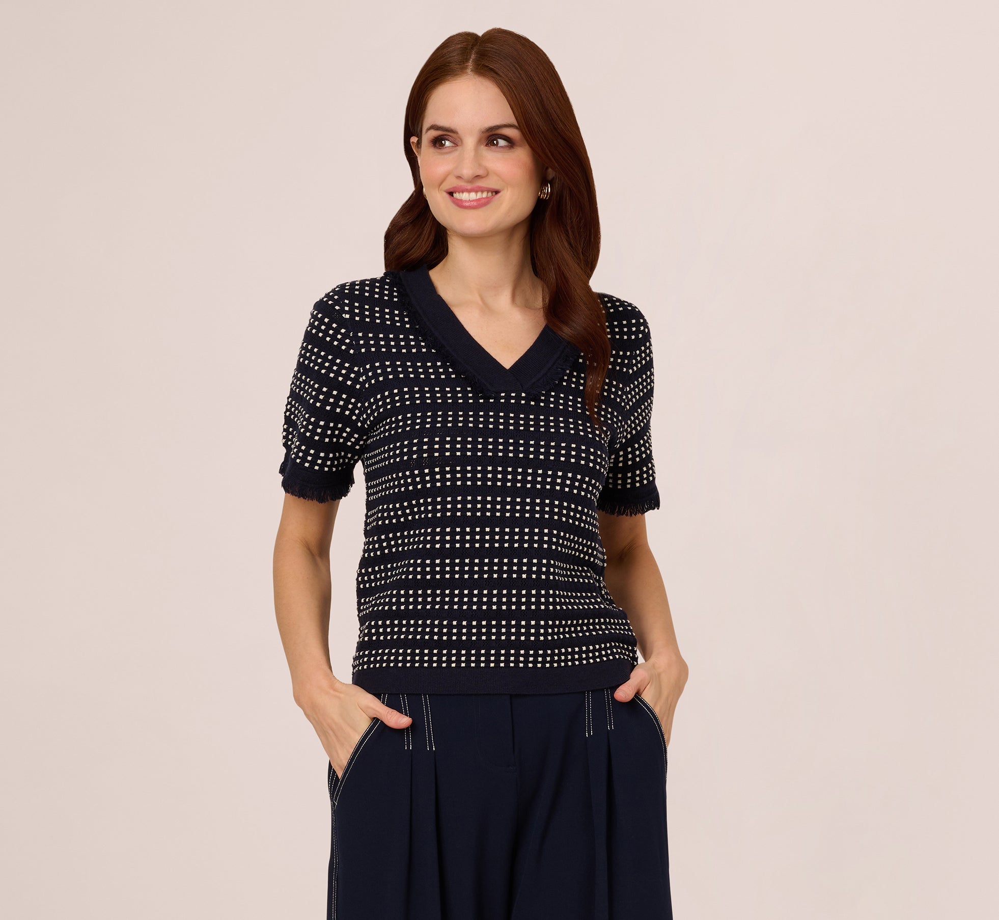 Short Sleeve Grid Knit Fringe Trim Sweater In Navy Ivory、mySite、solidvoid