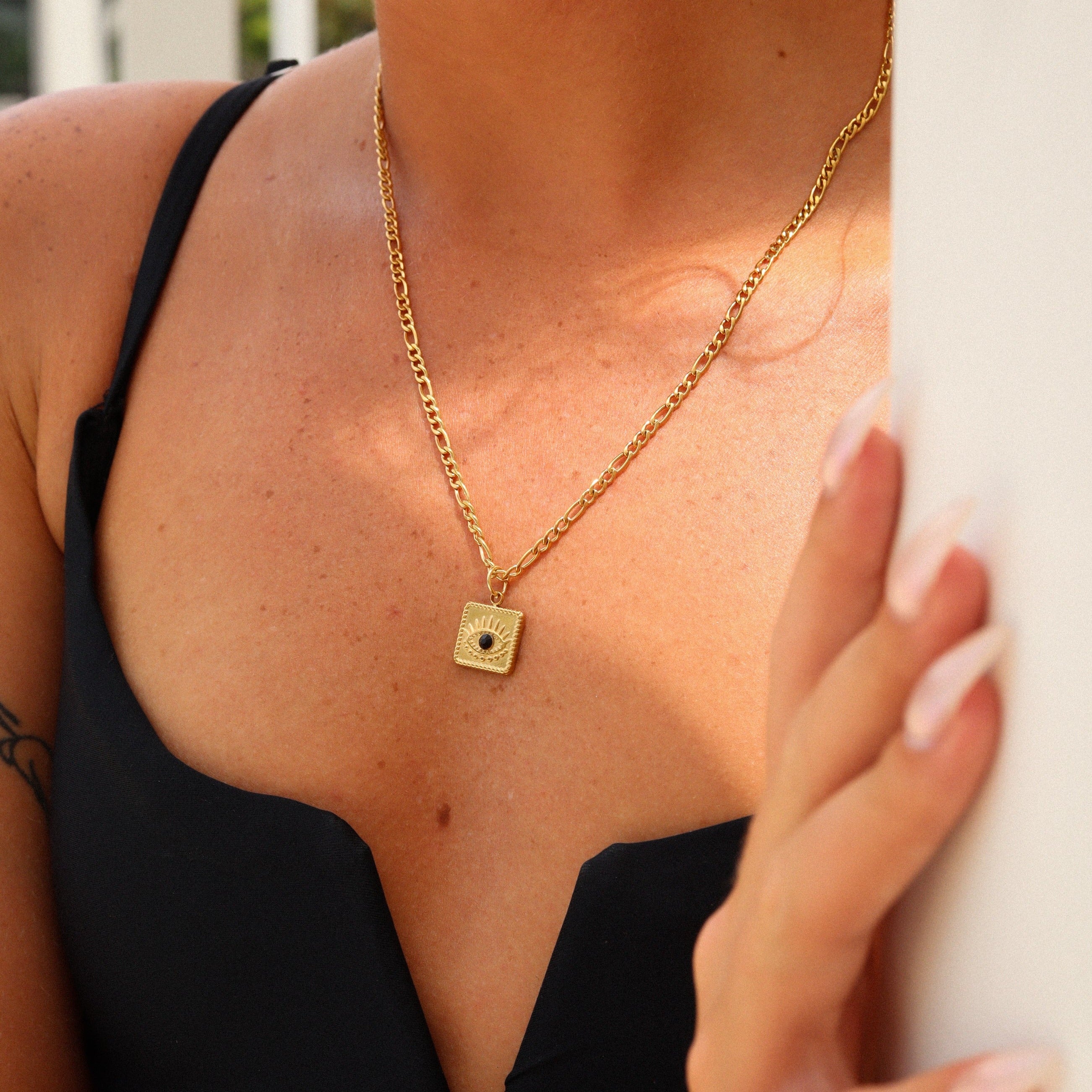 18K Gold PVD Stainless Steel Square Black Stone Evil Eye Charm / PDL0014、mySite、dreamappss