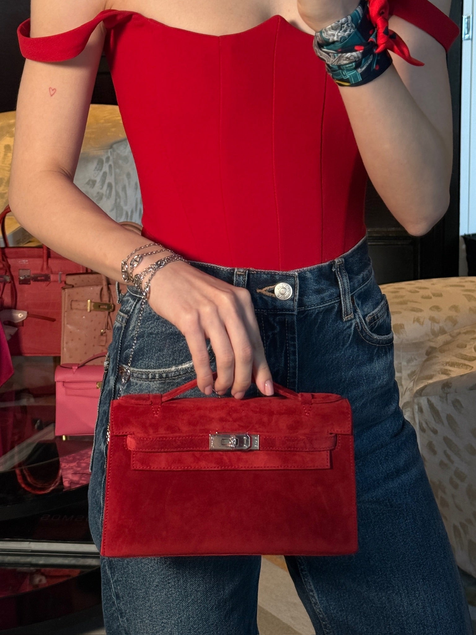 Hermès Exceptional Collection Rubis Veau Doblis Suede Diamond Kelly Pochette with 18k White Gold & Diamond Hardware、mySite、garminoutage.com