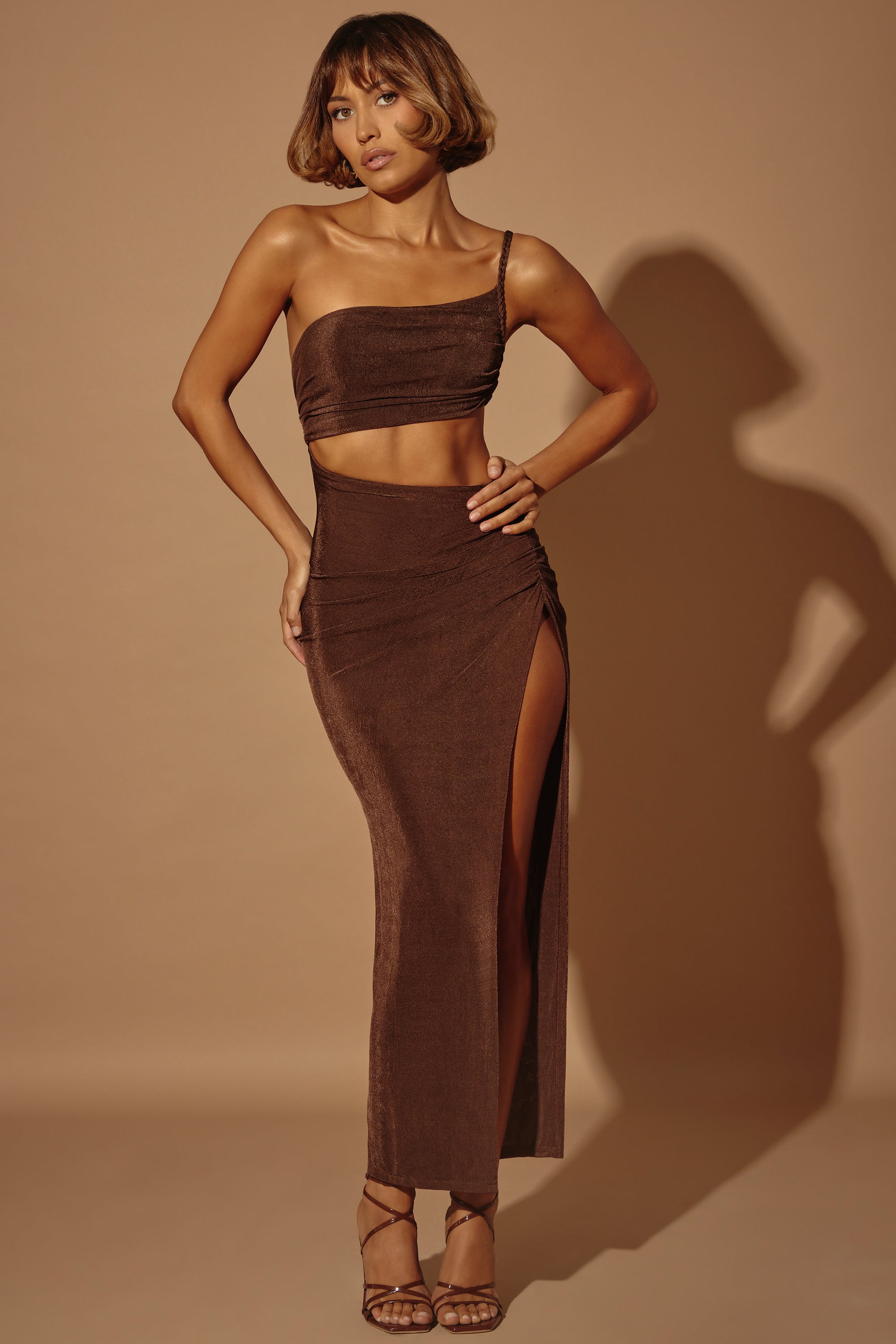 One Shoulder Cut Out Maxi Dress in Brown、mySite、solidvoid