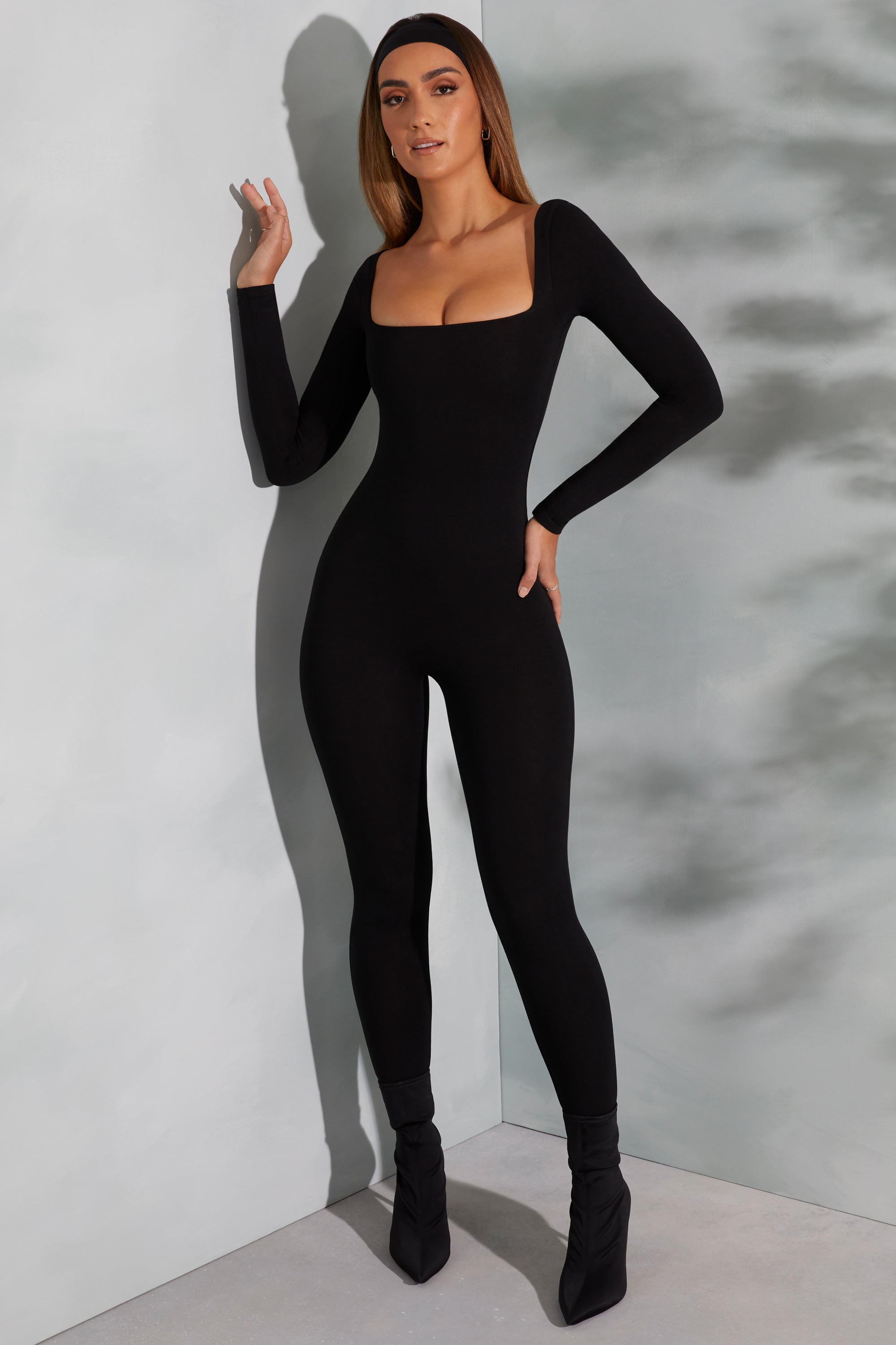 Square Neck Long Sleeve Jumpsuit in Black、mySite、solidvoid