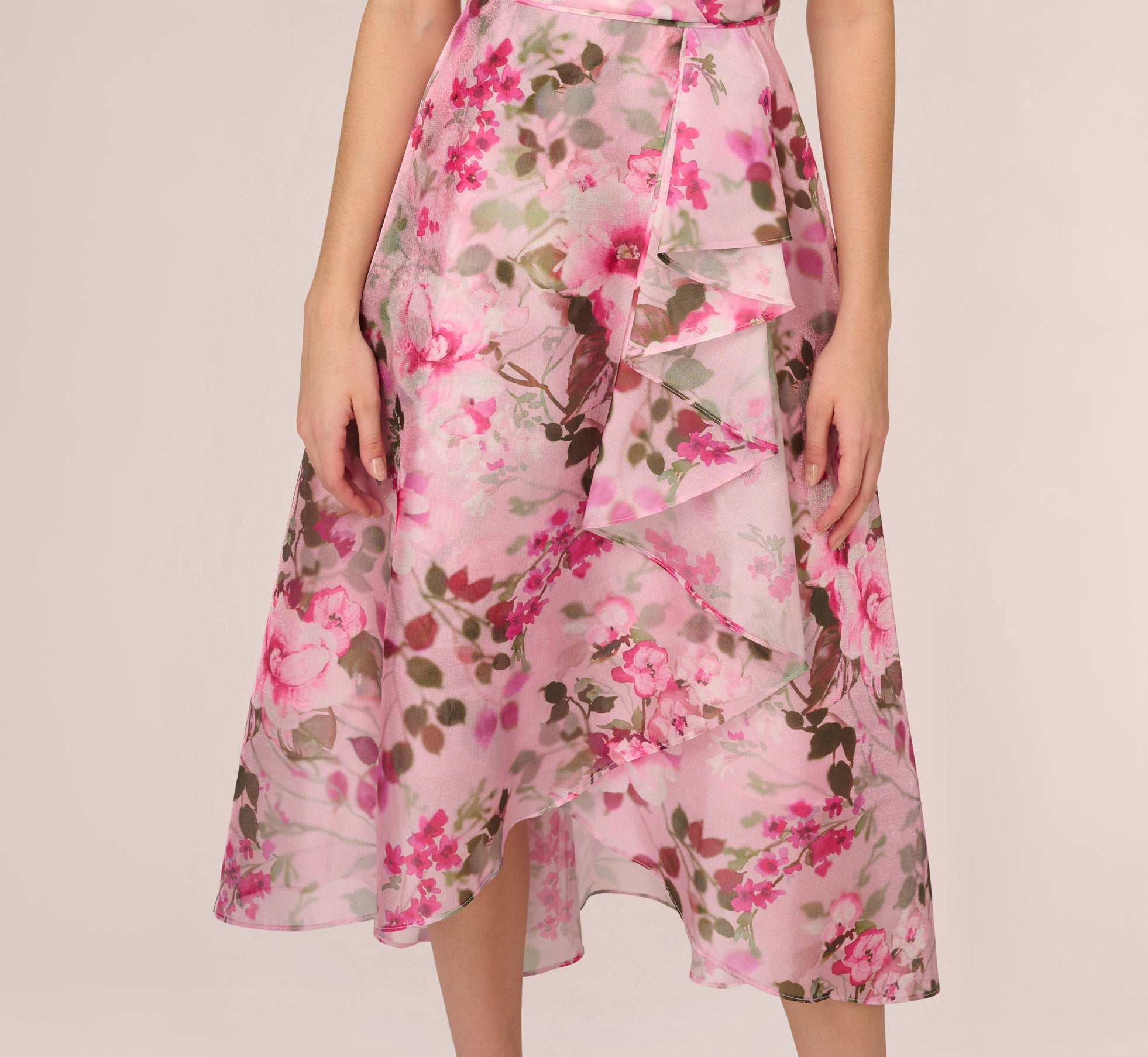 Floral Print Organza Midi Dress With One Shoulder Neckline In Pink Multi、mySite、solidvoid