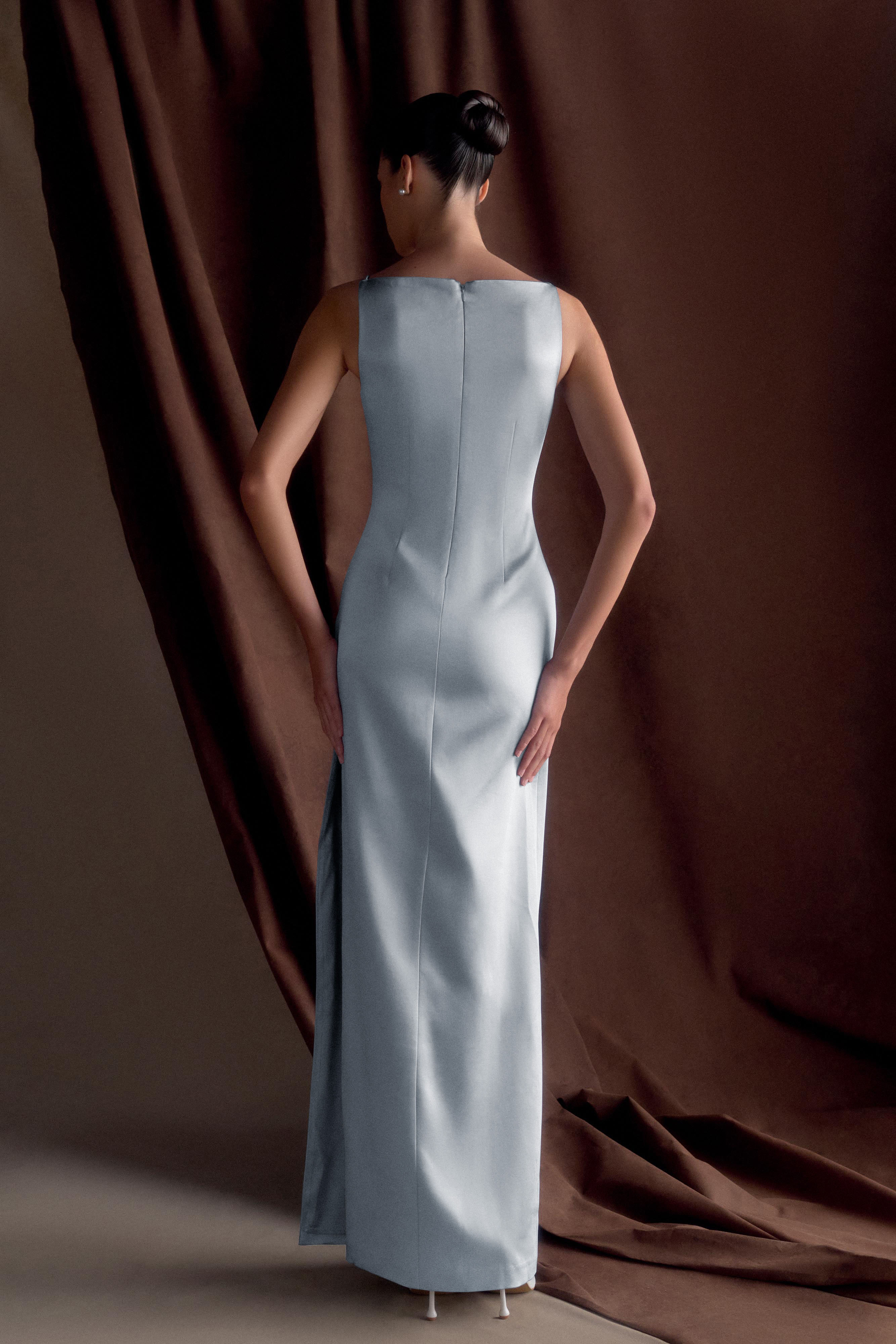 Violet Sleeveless Satin Maxi Dress - Frosted Blue、mySite、solidvoid