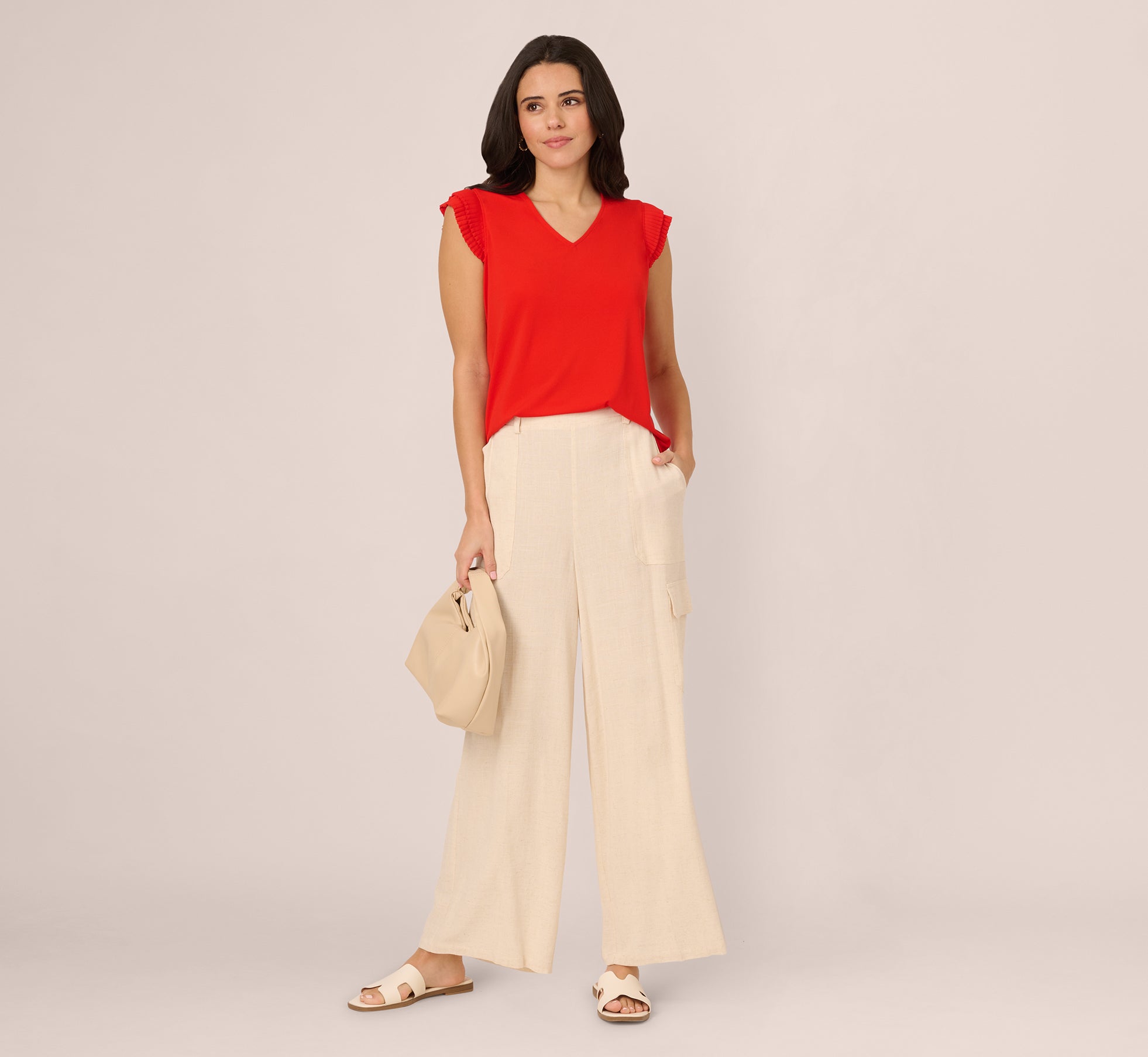 V-Neck Top With Pleated Flutter Sleeves In Valiant Poppy、mySite、solidvoid