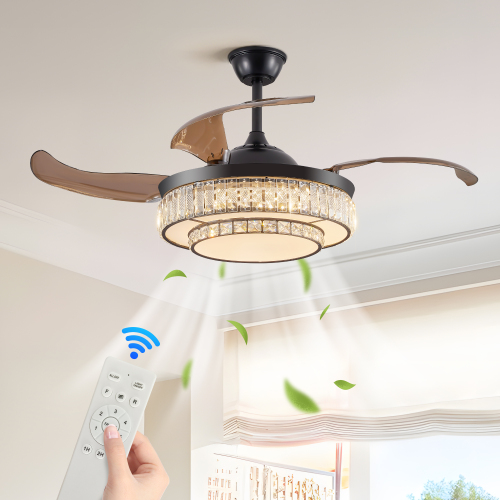 42" Retractable Ceiling Fan with Light, Modern LED Chandelier Fan with Remote Control, 6 Speed Adjustable Blades, Quiet DC Motor, Dimmable Lighting for Living Room, Bedroom, Dining Room、、eastwooduniform