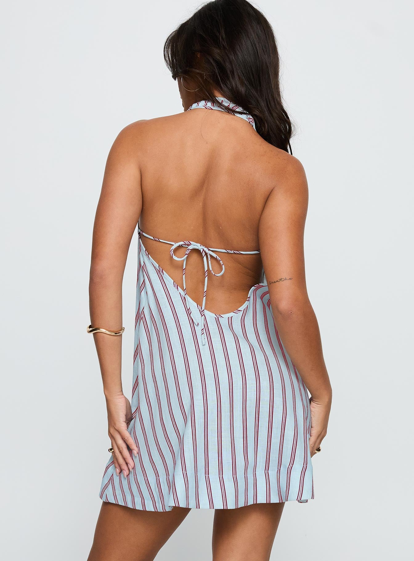 Daydreams Linen Blend Halter Mini Dress Blue / Maroon Stripe、mySite、solidvoid