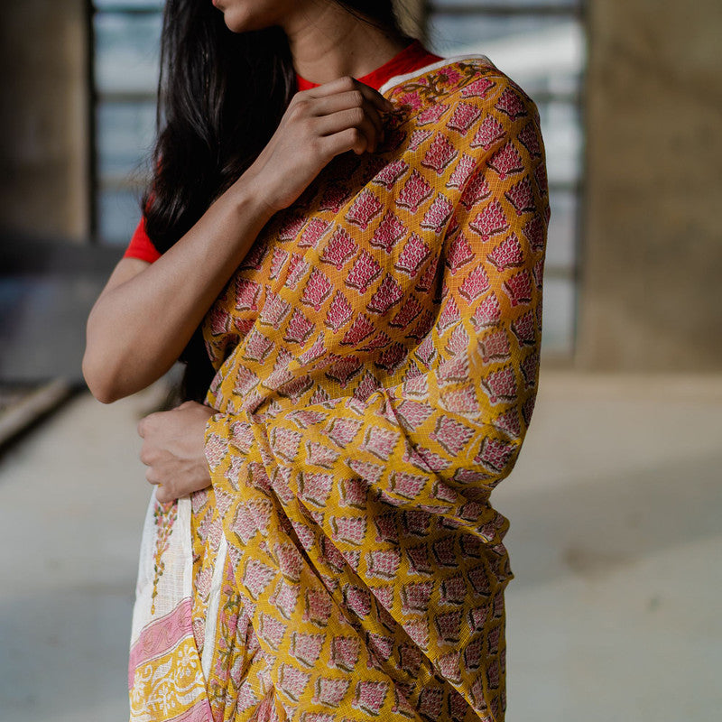Kota Doria Sarees | Sanganeri Print | Orange、mySite、camillekostekn