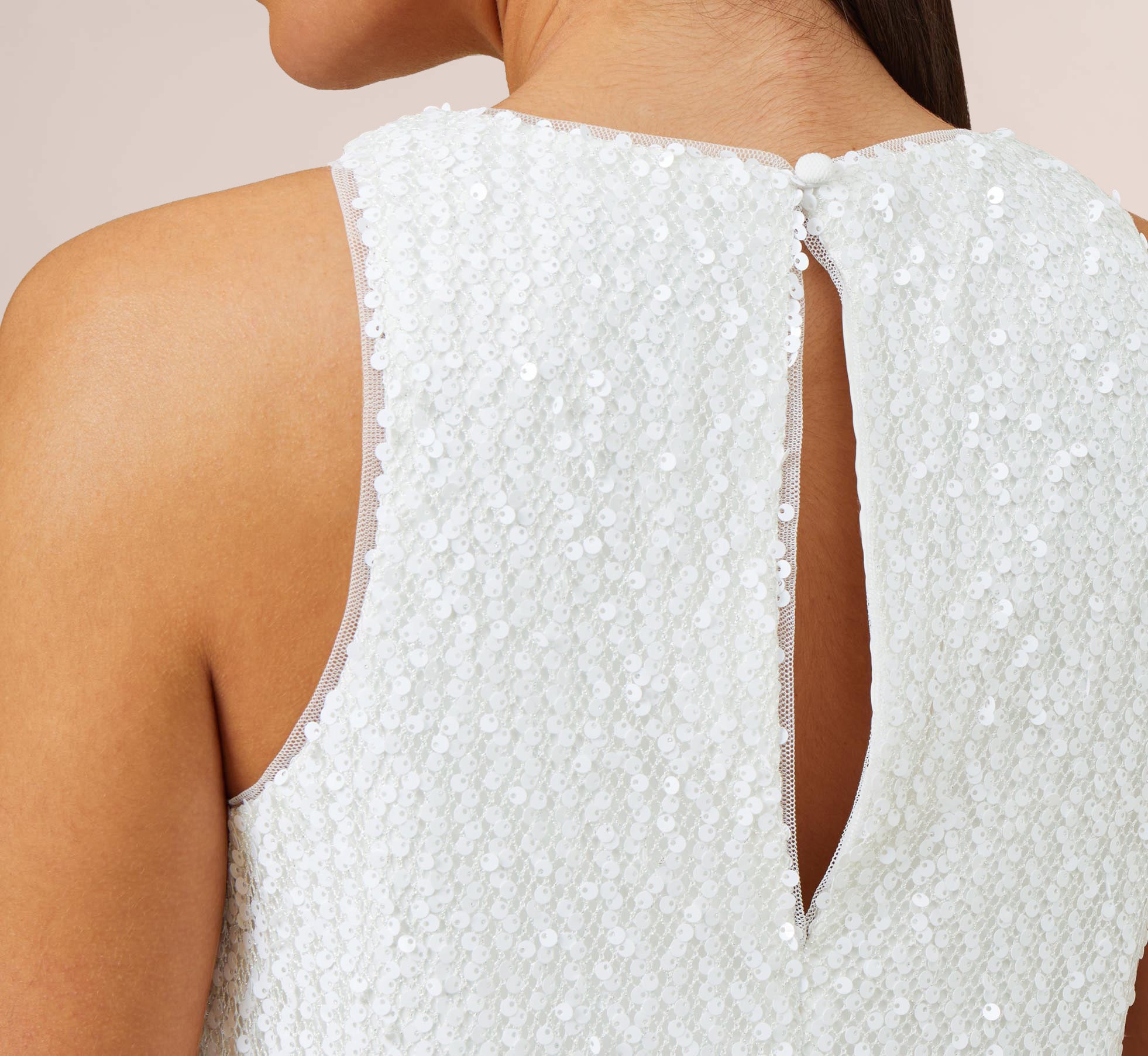 Sequined Trapeze Halter Dress With Feather Trim In Ivory、mySite、solidvoid