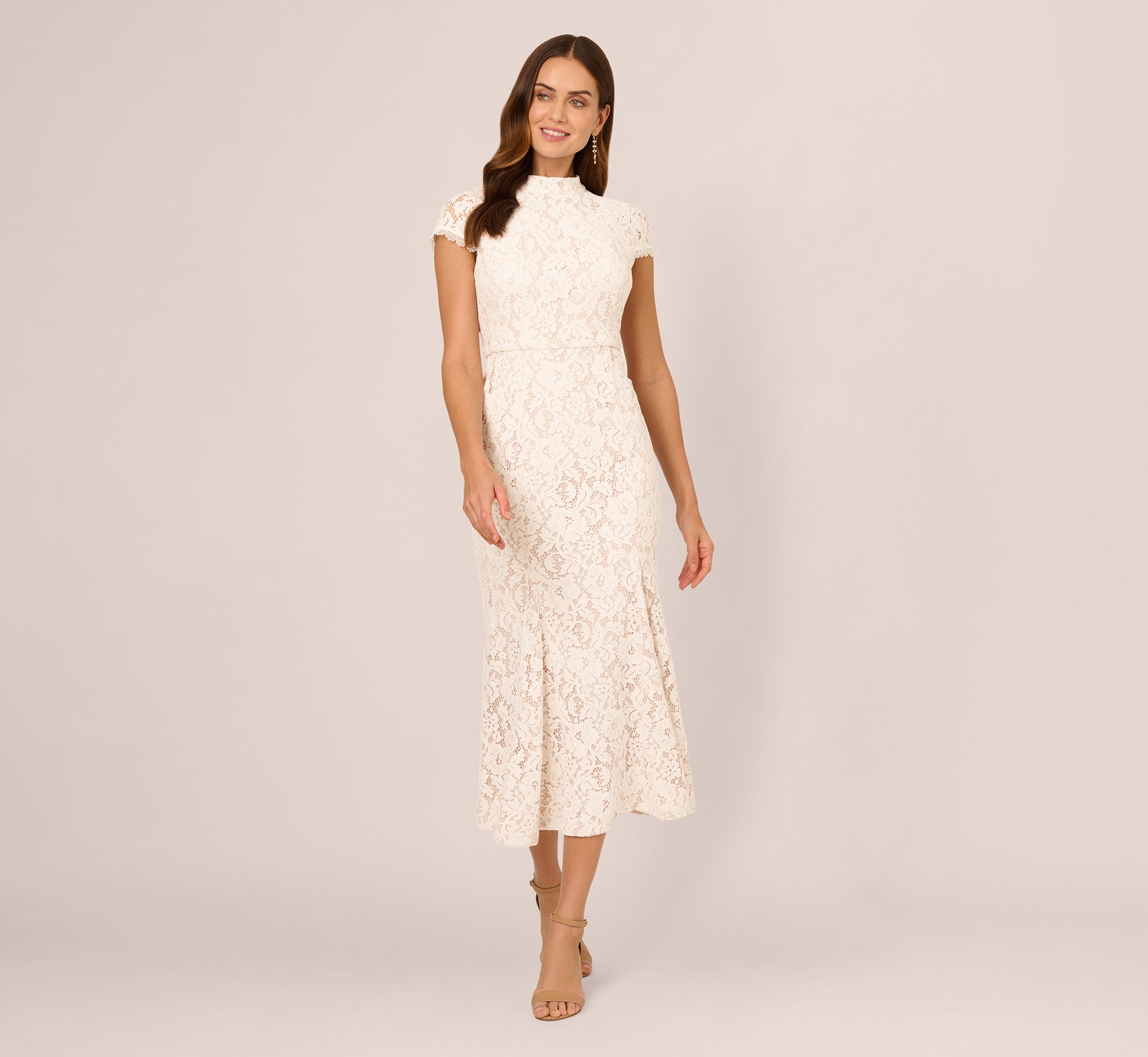 Cap Sleeve Lace Midi Dress In Ivory Nude、mySite、solidvoid