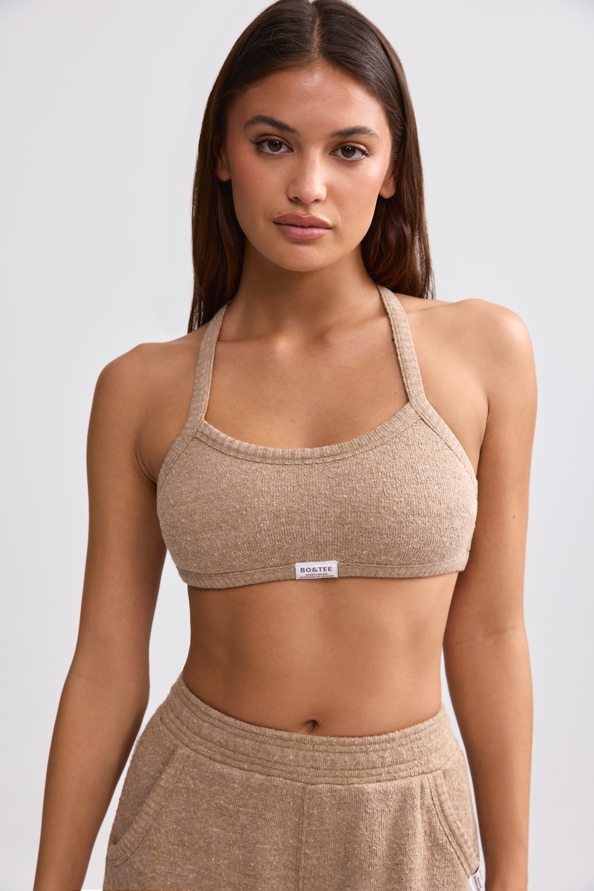 Terry Towelling Scoop-Neck Bralette in Mocha Brown、mySite、solidvoid