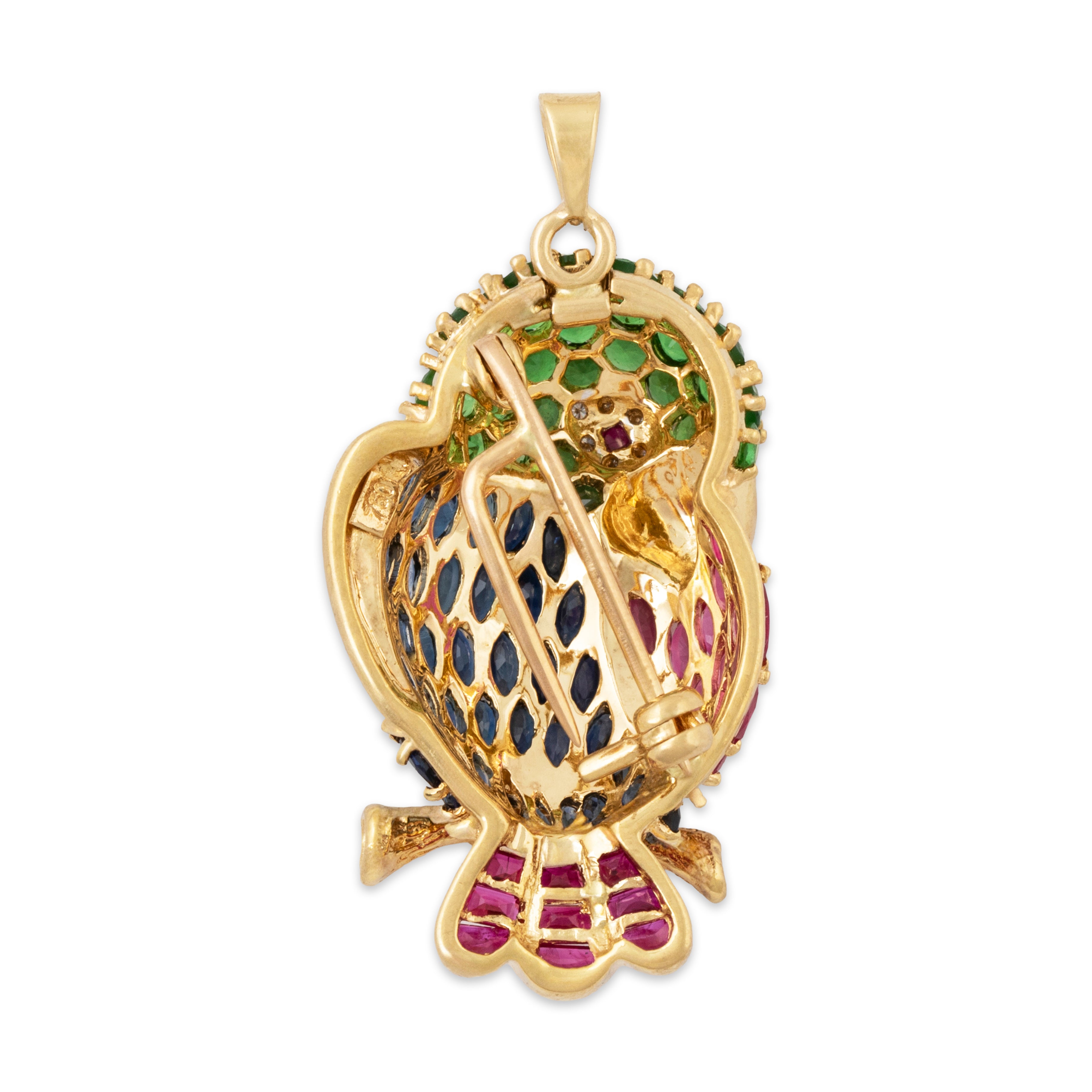Vintage Figural 18k Yellow Gold 1.4cttw Sapphire Perched Parrot Pendant / Pin、mySite、hinf8tx79