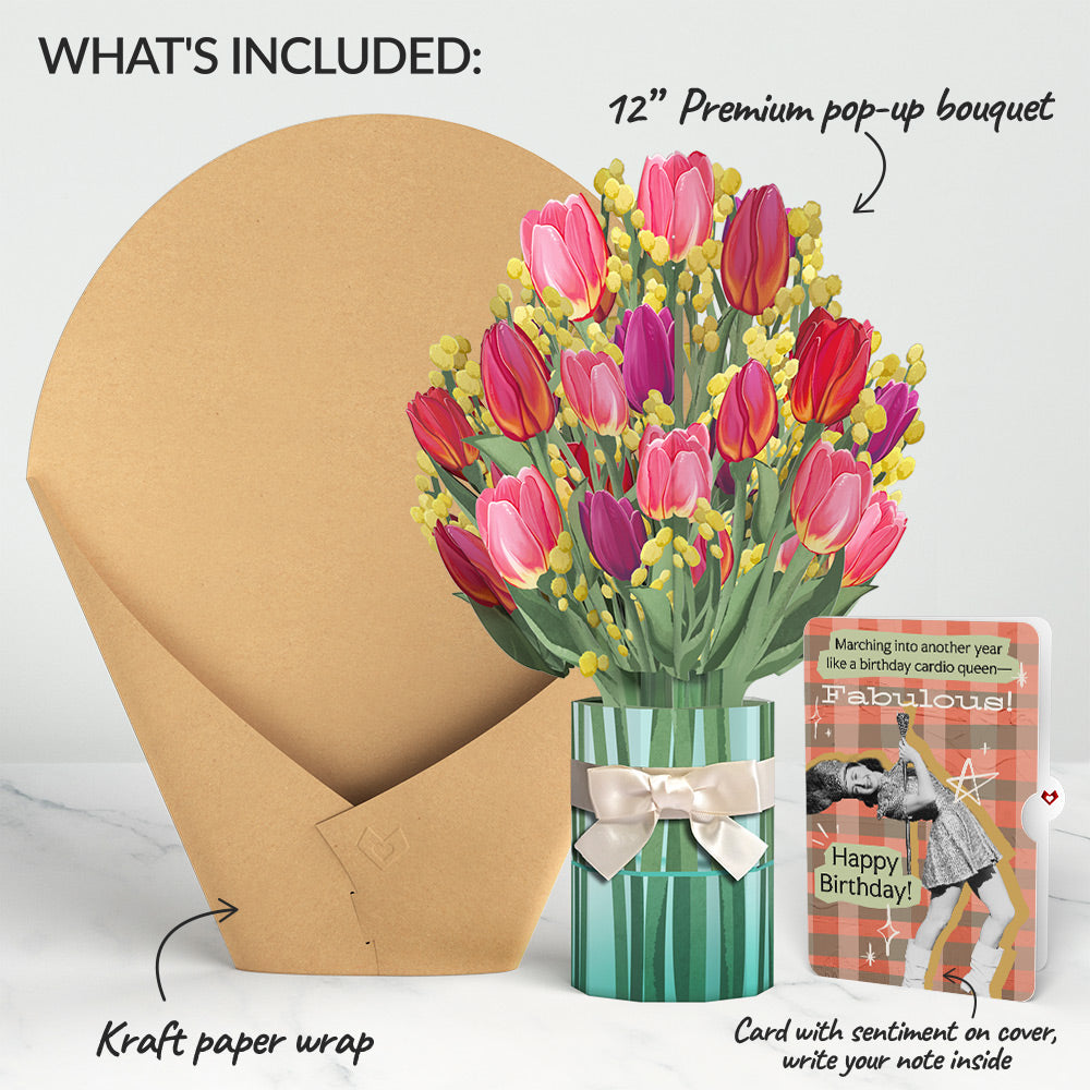 Cheerful Tulips Birthday Bouquet and Cardio Queen Sentiment Set、mySite、solidvoid