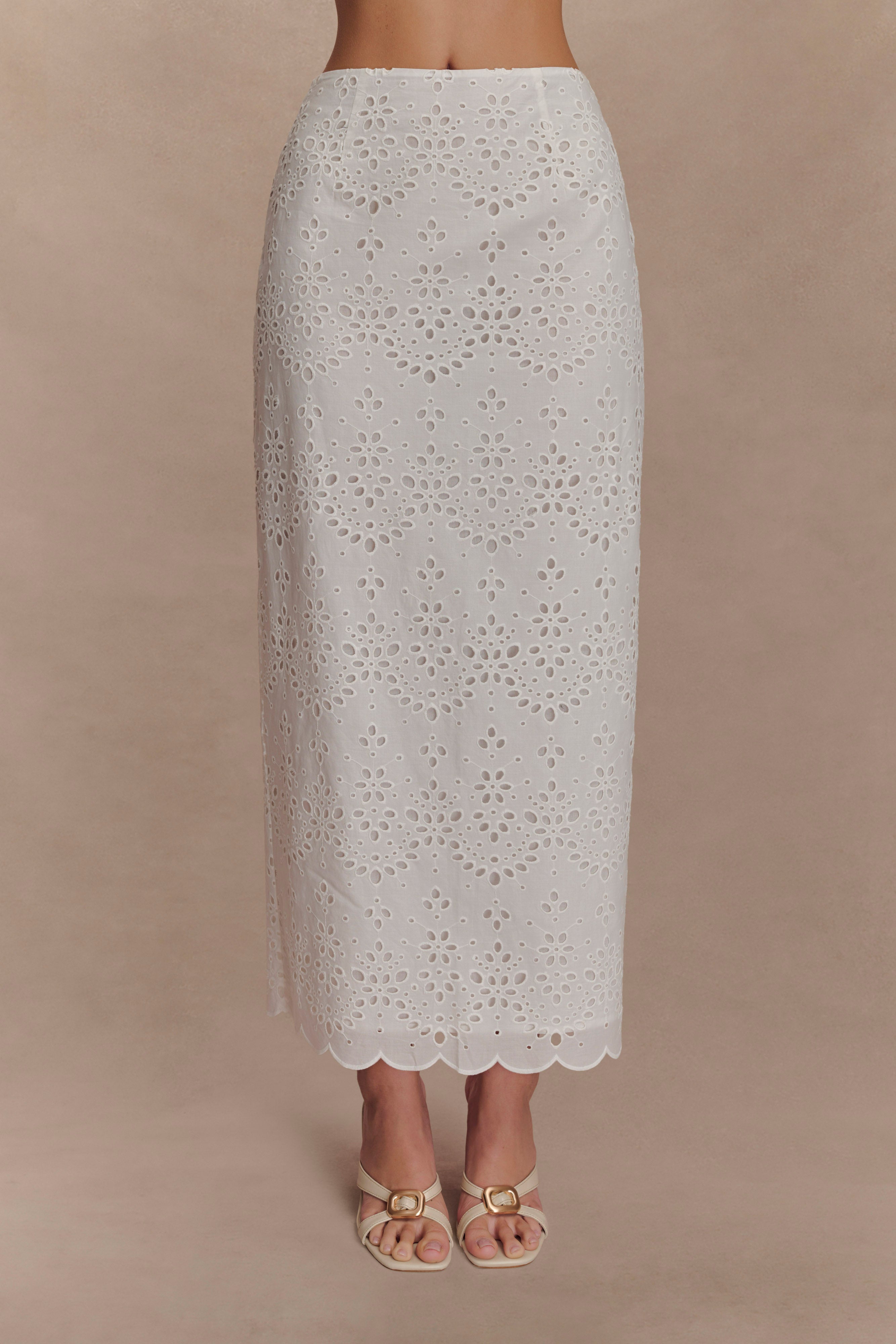 Kensley Broderie Midi Skirt - White、mySite、solidvoid