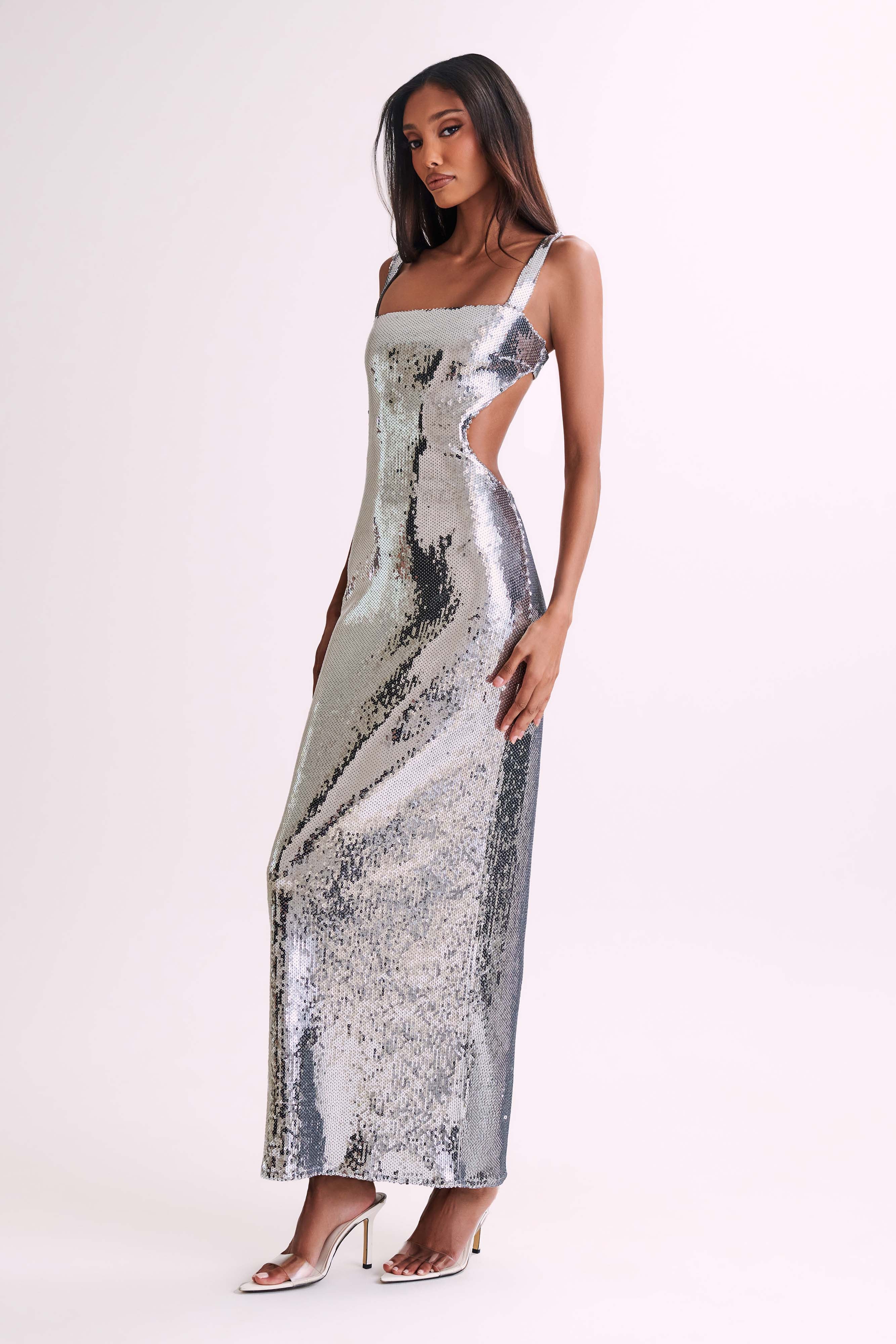 Adoria Sequin Cut Out Maxi Dress - Silver、mySite、solidvoid