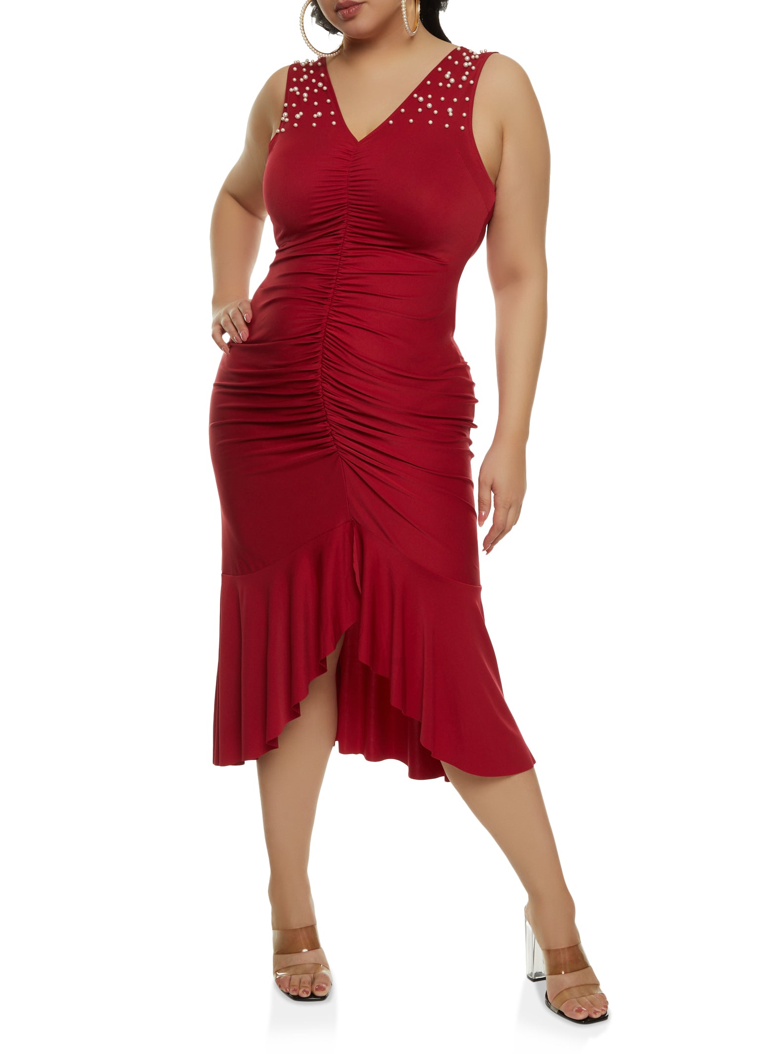 Plus Size Faux Pearl Detail Ruched Front Mermaid Hem Dress、mySite、camillekostekn