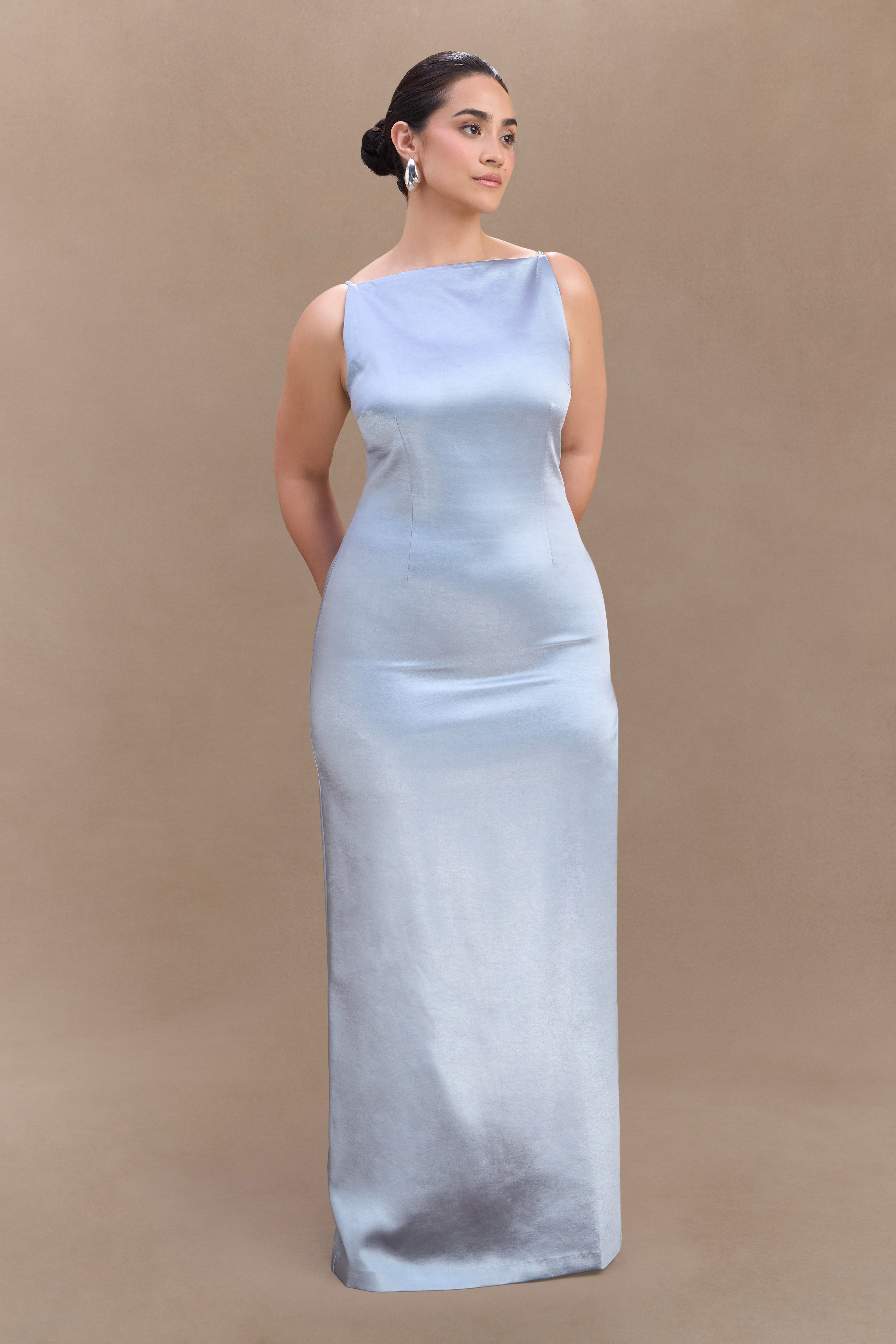 Violet Sleeveless Satin Maxi Dress - Frosted Blue、mySite、solidvoid