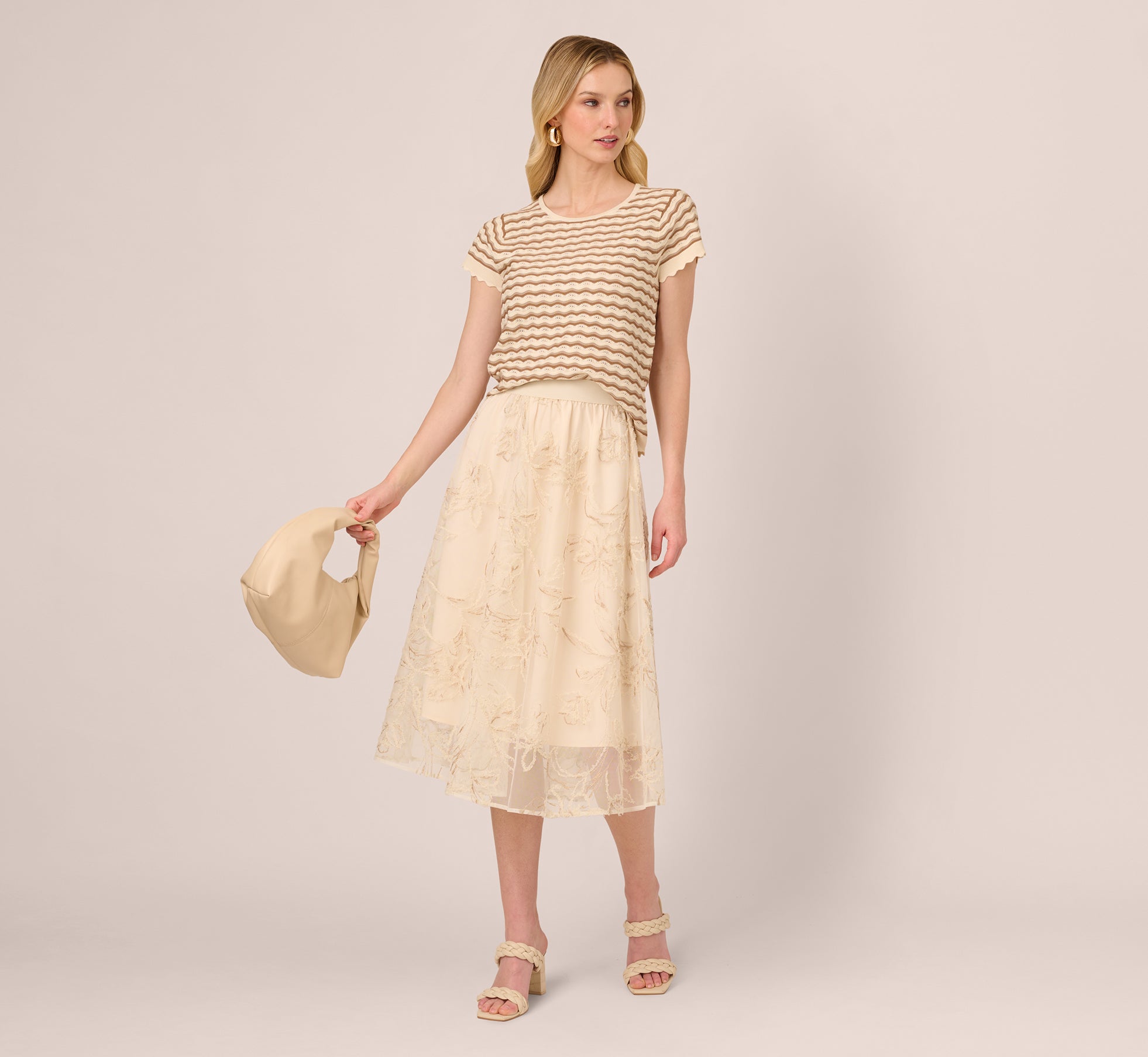 Floral Mesh Overlay A Line Midi Skirt In Ivory、mySite、solidvoid