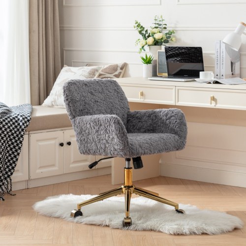 A&A Furniture Office Chair,Artificial rabbit hair Home Office Chair with Golden Metal Base,Adjustable Desk Chair Swivel Office Chair,Vanity Chair(Orange)、、casual