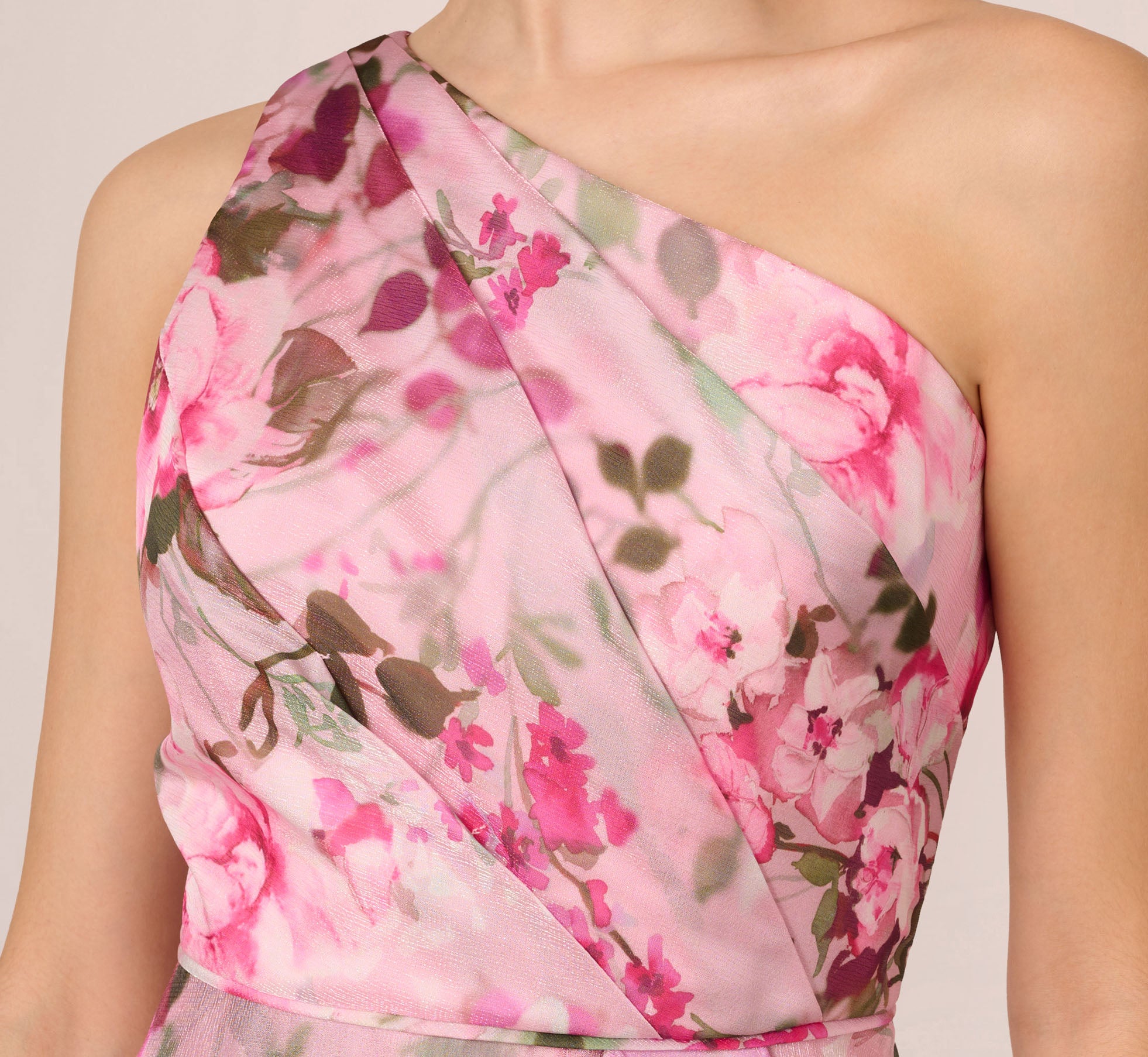 Floral Print Organza Midi Dress With One Shoulder Neckline In Pink Multi、mySite、solidvoid