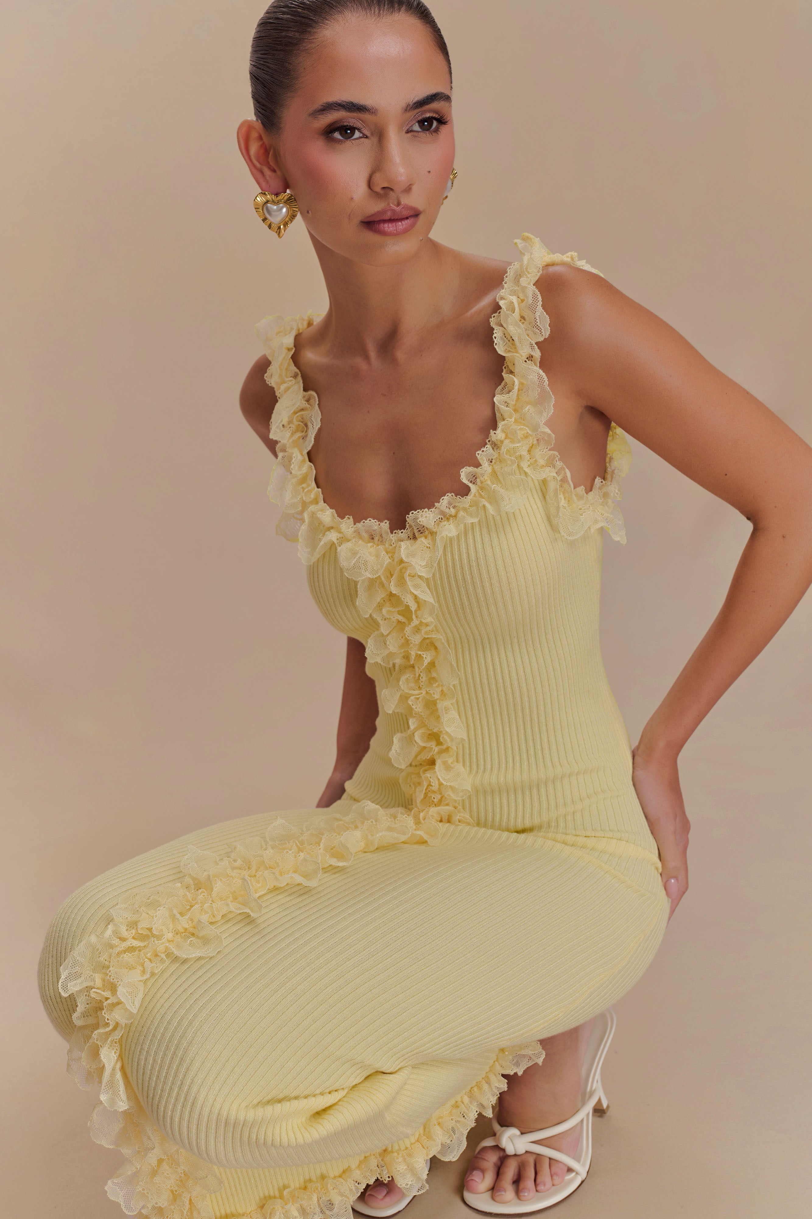 Shay Lace Ruffle Knit Midi Dress - Lemon、mySite、solidvoid