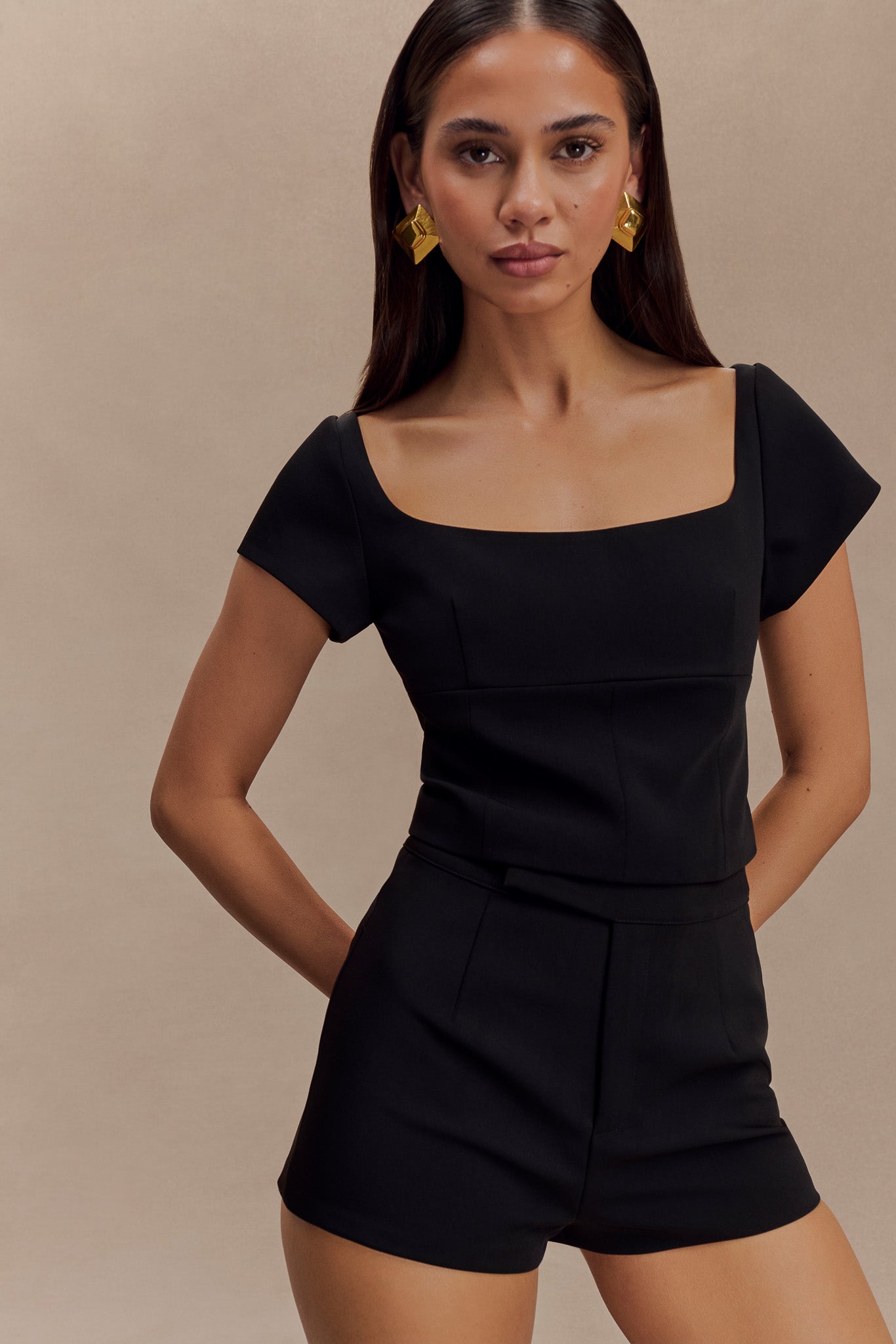 Ellis Cap Sleeve Longline Suiting Top - Black、mySite、solidvoid