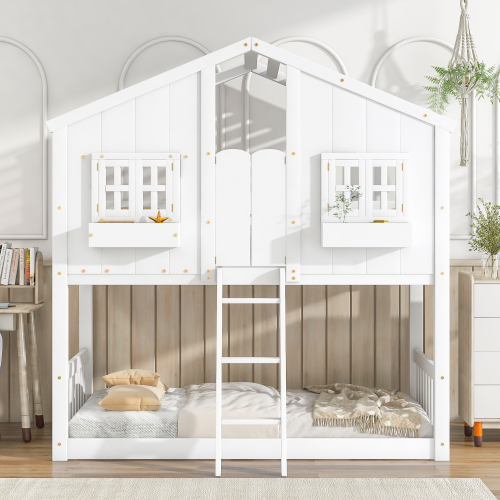 Twin over Twin House Bunk Bed with Roof , Window, Window Box, Door , with Safety Guardrails and Ladder,White、、casual