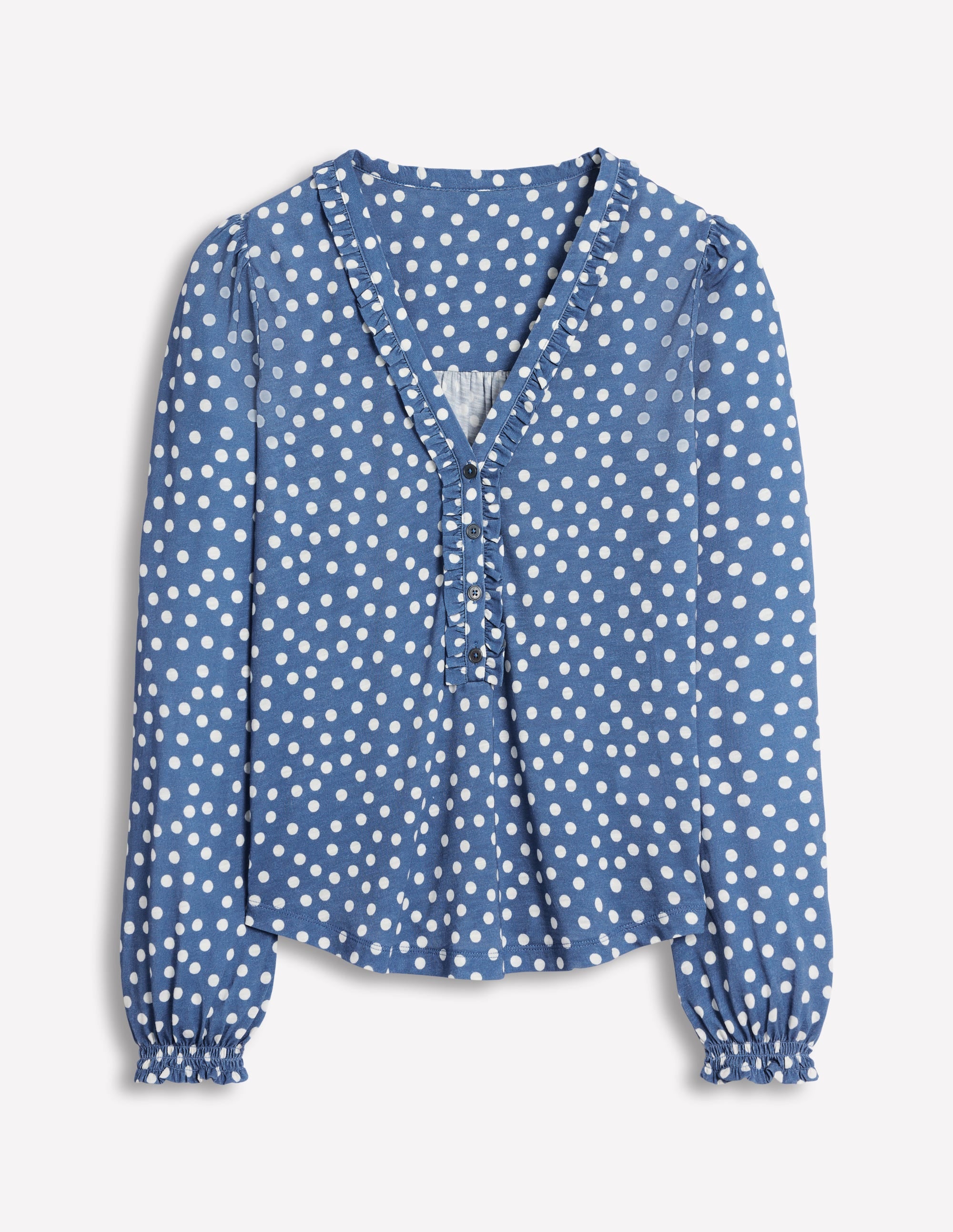  Poppy Ruffled Henley Top-Blue River, Abstract Spot、mySite、ashleygrahame