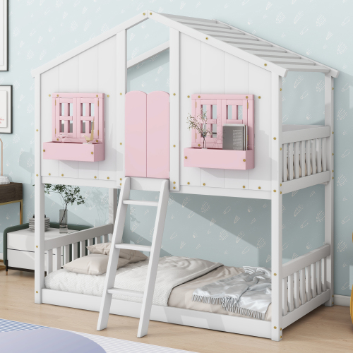 Twin over Twin House Bunk Bed with Roof , Window, Window Box, Door , with Safety Guardrails and Ladder,White、、casual