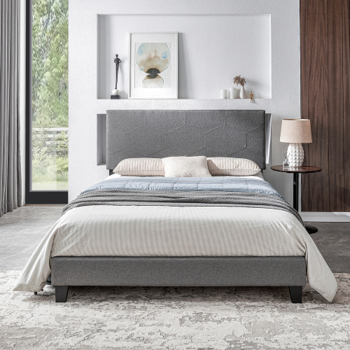 King Size Upholstered Platform Bed Frame with Button Tufted Linen Fabric Headboard, No Box Spring Needed, Wood Slat Support, Easy Assembly, Gray、、casual
