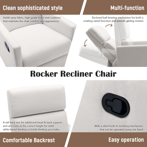 Modern Upholstered Rocker Nursery Chair Plush Seating Glider Swivel Recliner Chair, Gray、、casual