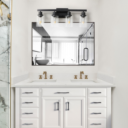 (Same as W1340P197620/L001010-B4) 24" Modern Black 4-Light Bathroom Vanity Light Fixture, Industrial Wall Sconce with Clear Glass Shades for Mirror, Bathroom, Bedroom, and Hallway (No Bulbs)、、eastwooduniform